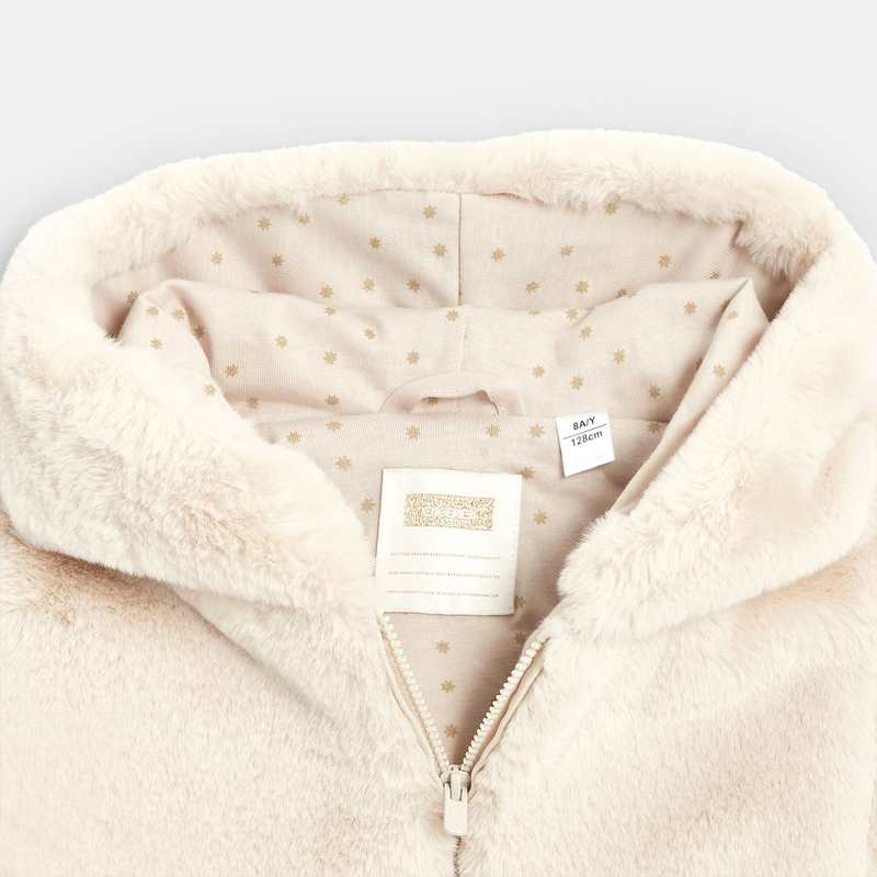 Manteau-pull fausse fourrure à capuche beige fille