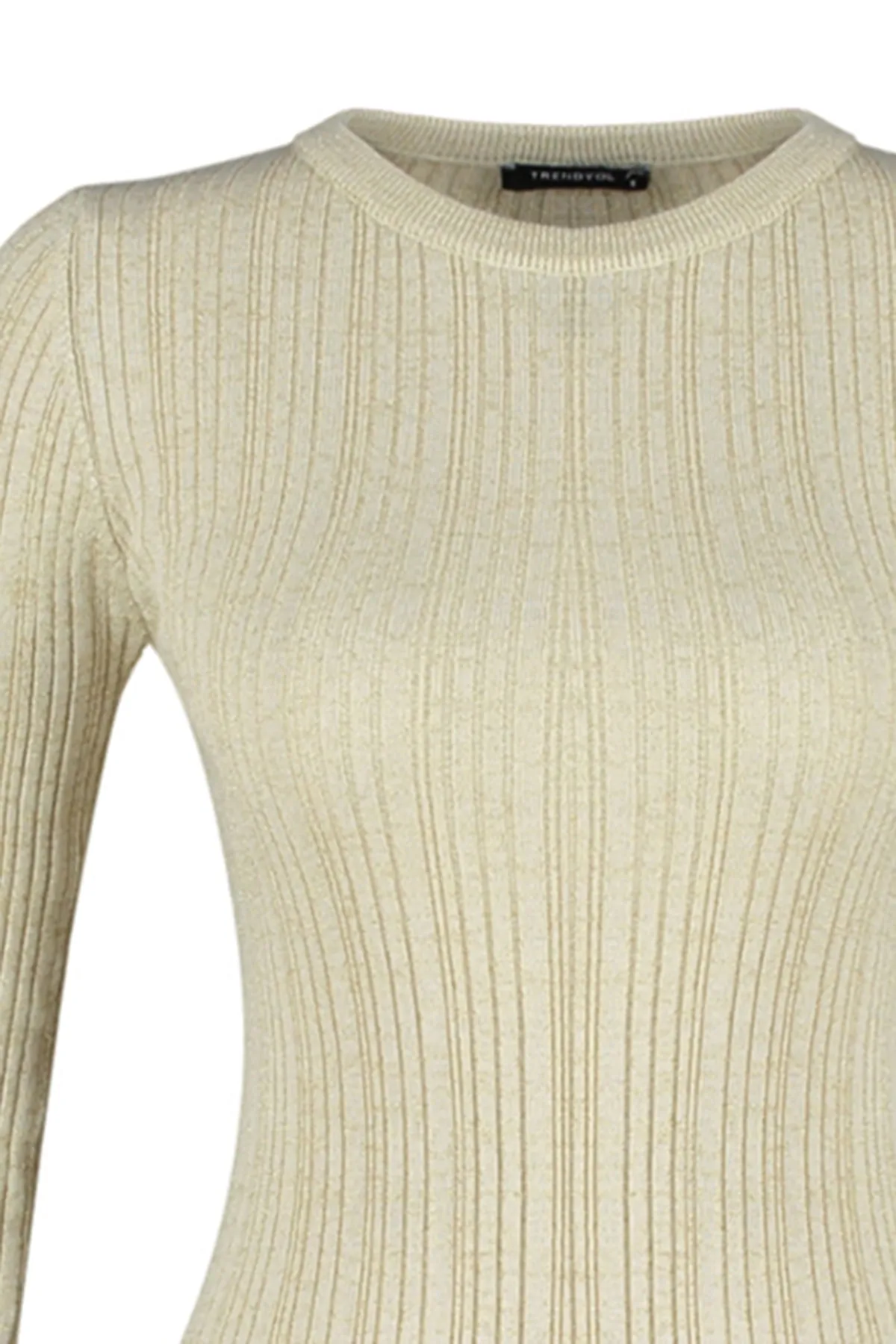 Trendyol Collection  Beigefarbenes Midikleid aus glitzerndem Strick TWOAW24EL00047