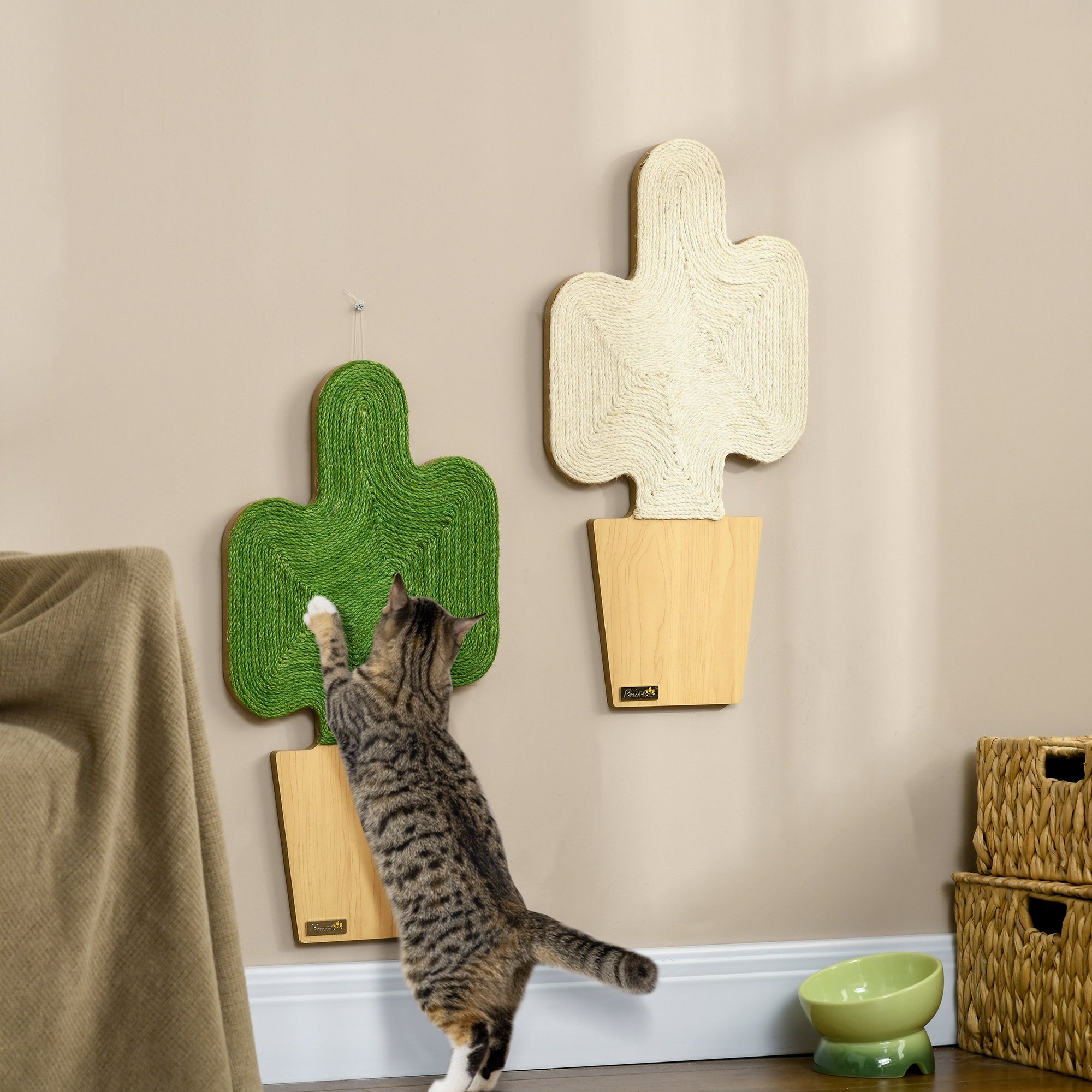 PawHut Kratzbrett Kratzmatte Katze, 2er Set Katzenkratzbretter aus Juteseil, (Kratzpappe, 2-tlg., Kratzwand), im Kakteen-Design, 30 x 60 cm