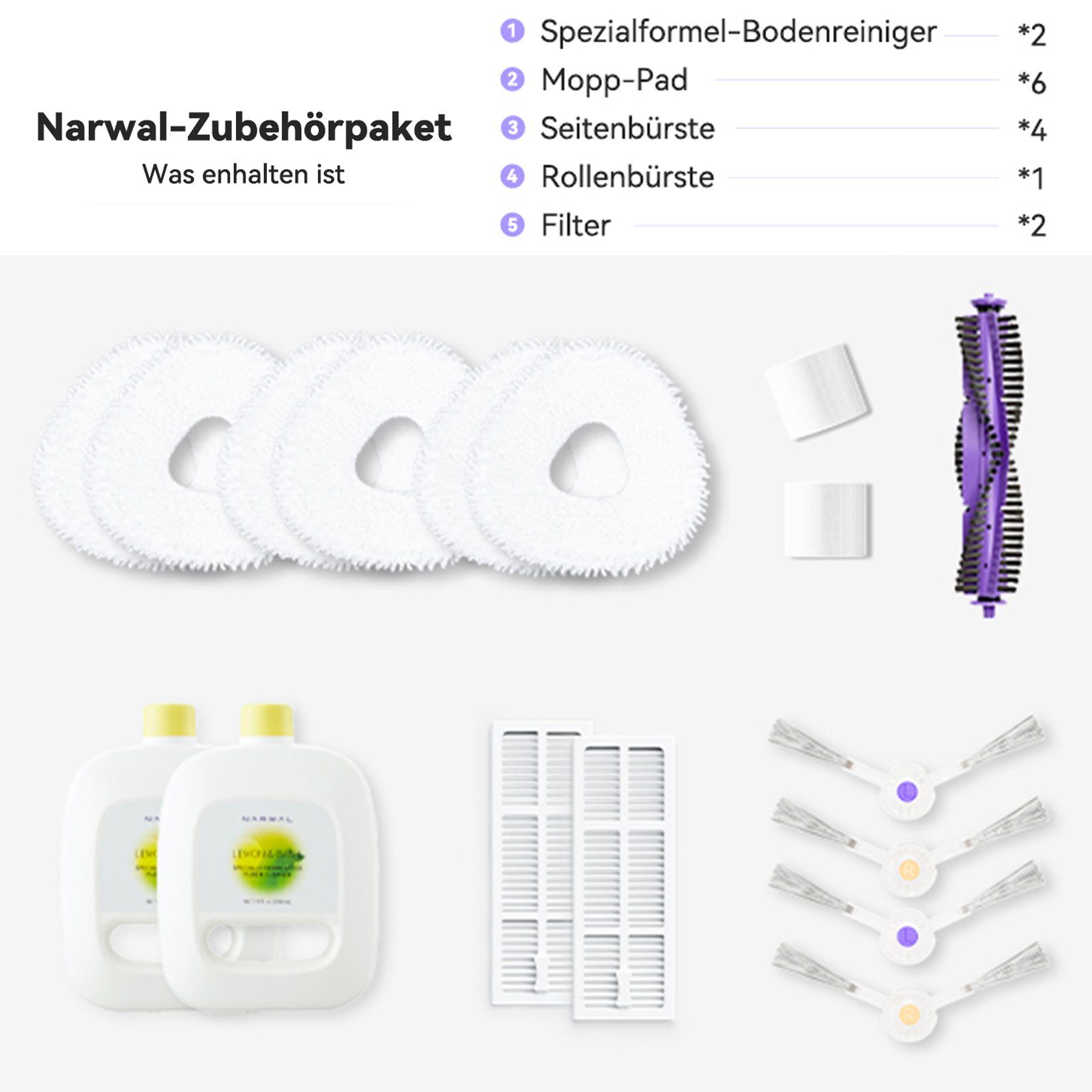Narwal Saugroboter Zubehör-Set Zubehörpaket, Zubehör für Narwal Freo, (mit 1 Hauptbürste, 4 Seitenbürste, 6 Wischtücher, 2 HEPA Filter, 2 Tank-Filter und 2 Reiniger, 17-tlg)