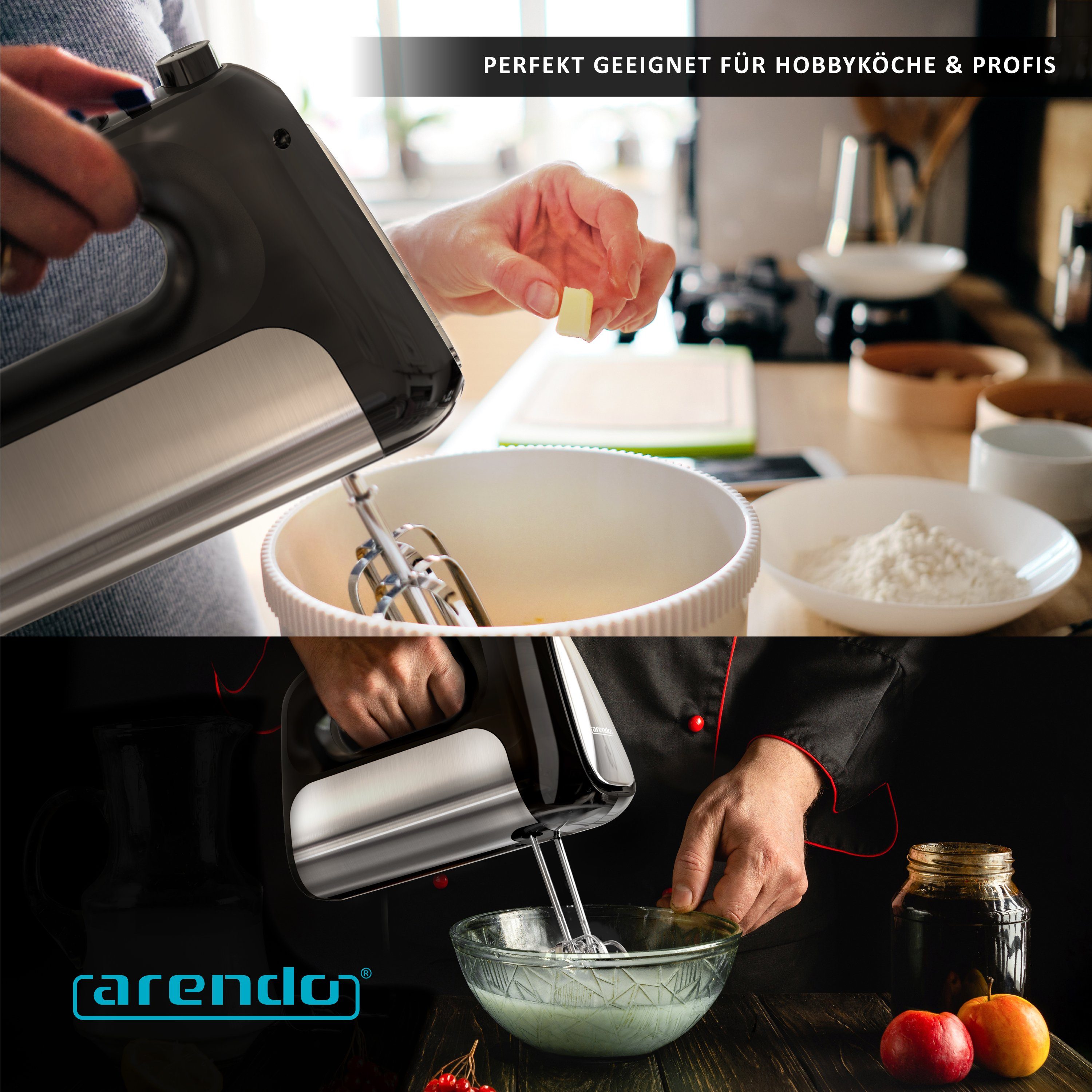 Arendo Handmixer, 500 W, Elektrischer Handrührer inkl. 2 Quirle und 2 Knethaken, Handrührgerät