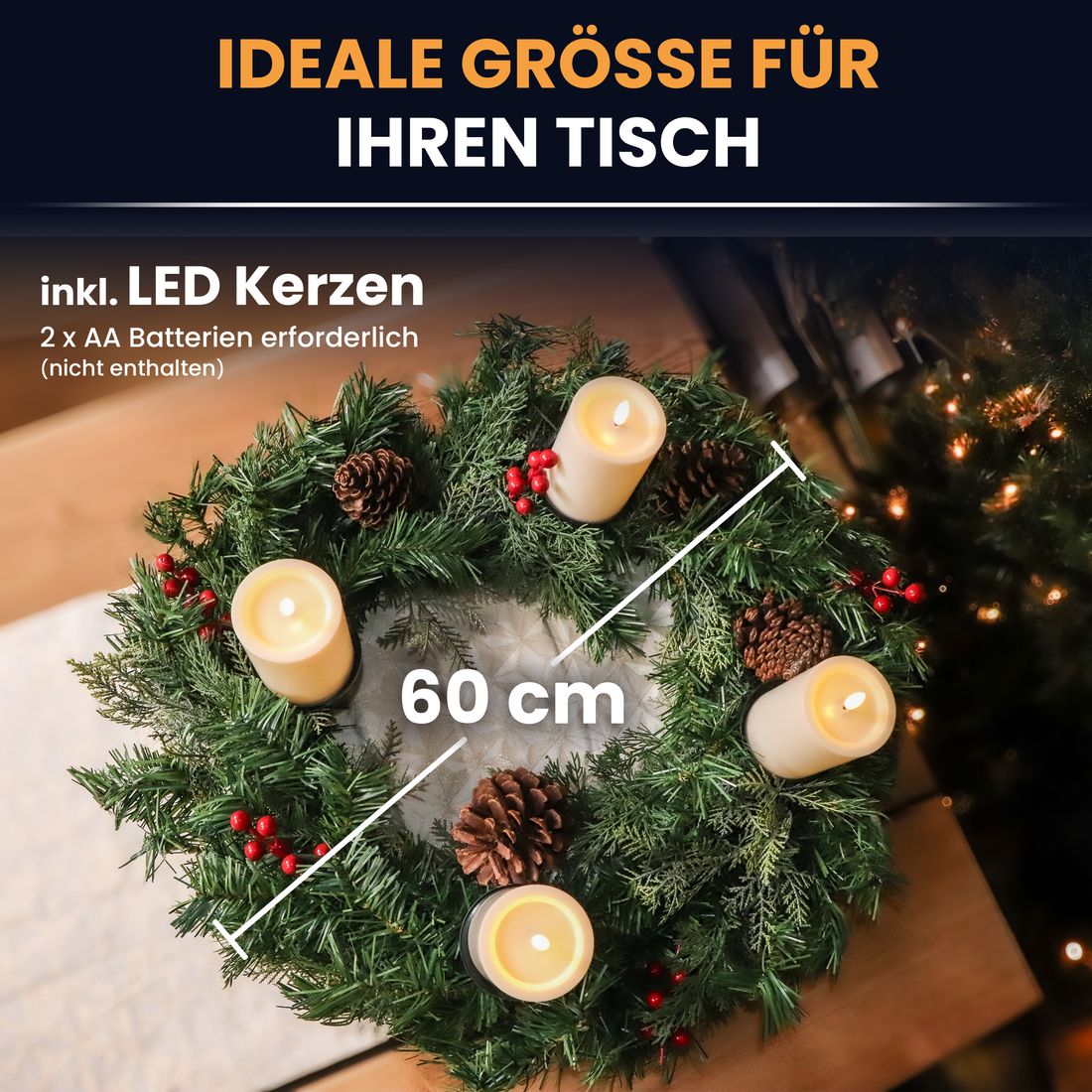 Gartenpirat Gartenpirat Künstlicher Adventskranz Ø 60 cm mit 4 LED-Kerzen Flacker-Effekt