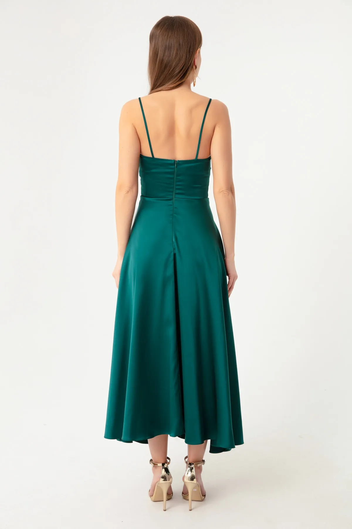 Lafaba  Smaragdgrünes Satin-Midi-Abendkleid und Abschlusskleid mit Taillengürtel und Seilriemen für Damen