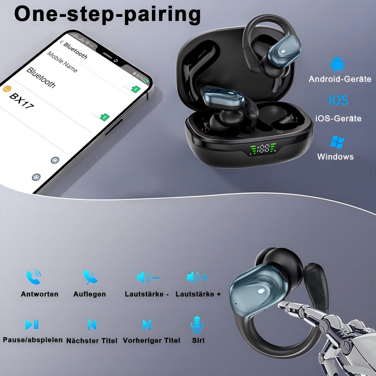 HYIEAR Bluetooth-Kopfhörer 5.3, Sportkopfhörer, Geräuschunterdrückung, IPX5. In-Ear-Kopfhörer (Bluetooth, Stereo USB-C)