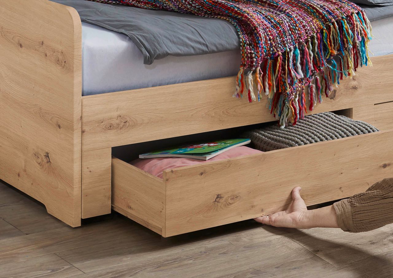 Relita Funktionsbett RENE von 90 auf 180 x 200 cm ausziehbar, mit 2 Schublade & Regal, Ausf. Eiche Artisan Dekor