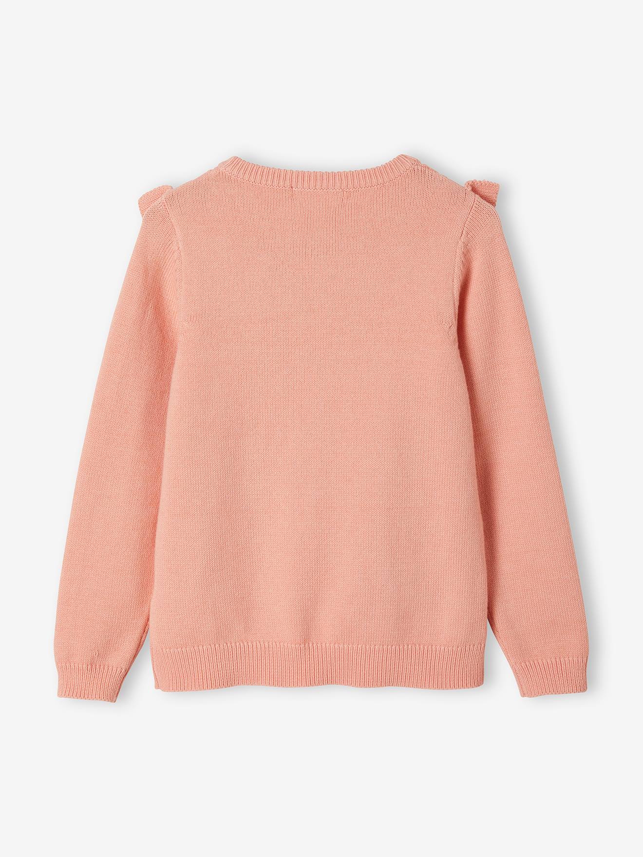 Pull à volant fille détail maille ajourée corail
