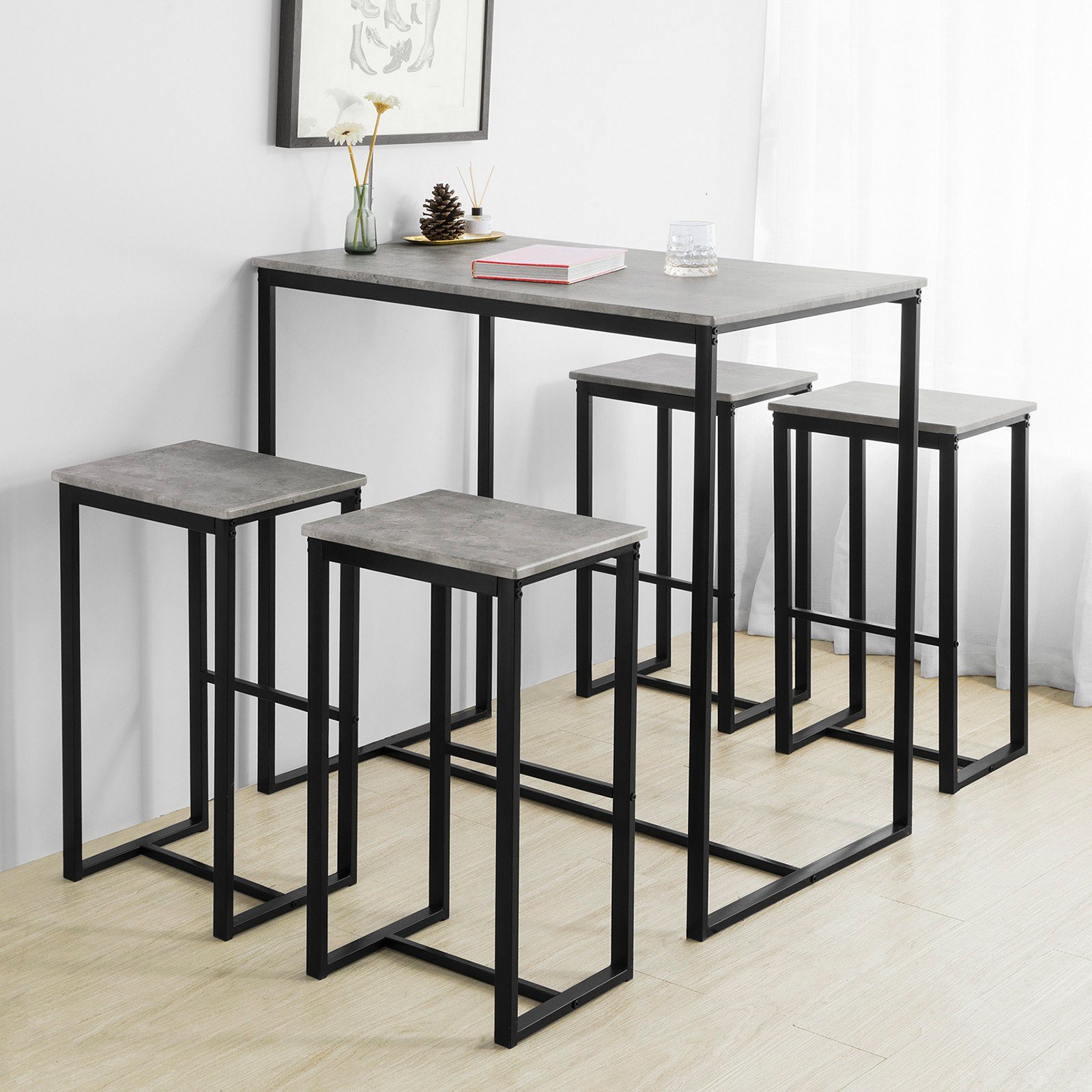 SoBuy Bartisch OGT15, 5-teilig Bartisch mit Stühlen Esstisch Stehtisch mit 4 Barhocker