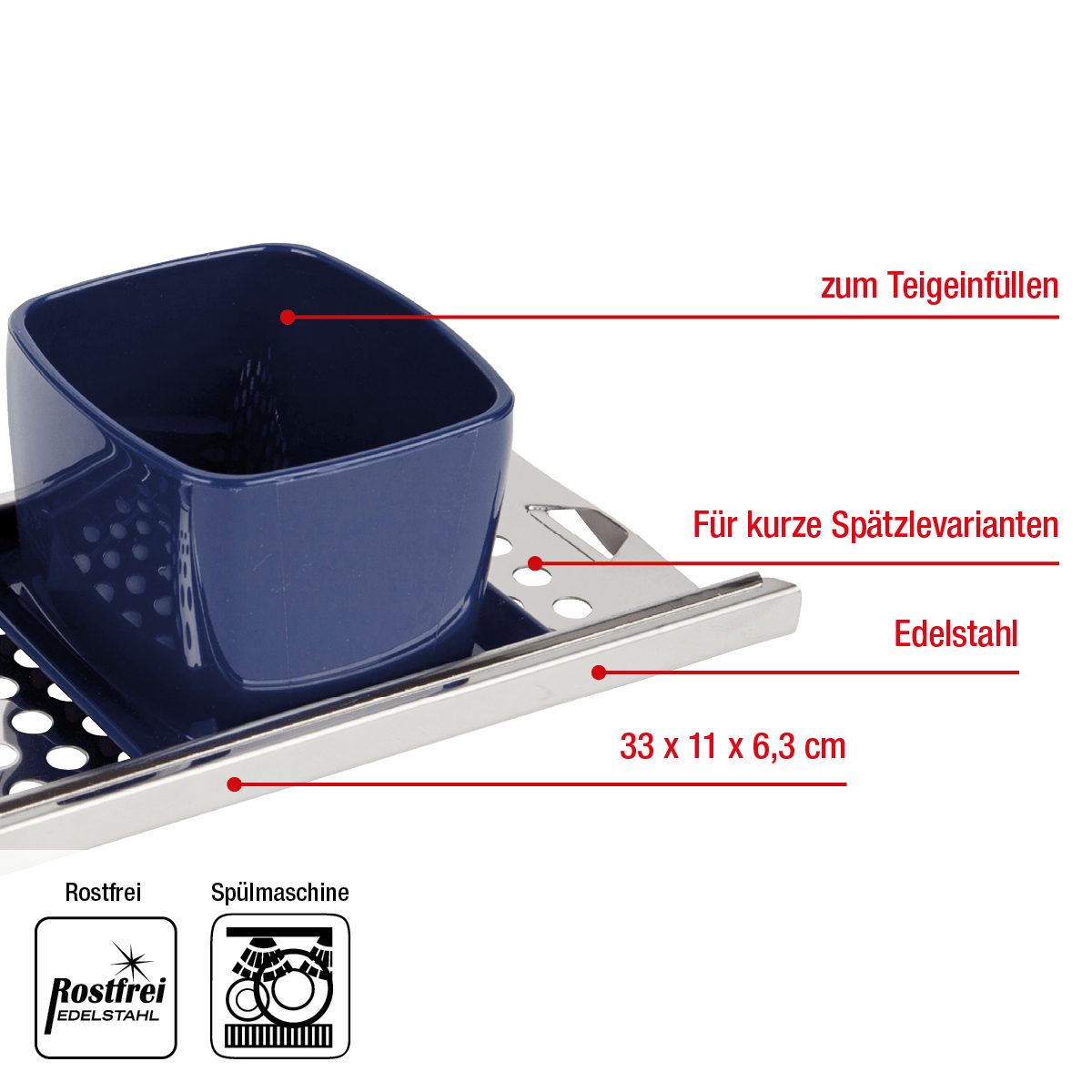 EUROHOME Spätzlehobel Edelstahl Spätzlereibe ohne Nase für Knöpfle mit Kunststoffgriff, Edelstahl, (Spätzlehobel 33 x 11 x 6,3 cm), Spätzlepresse runde Löcher - Reibe mit Trichter