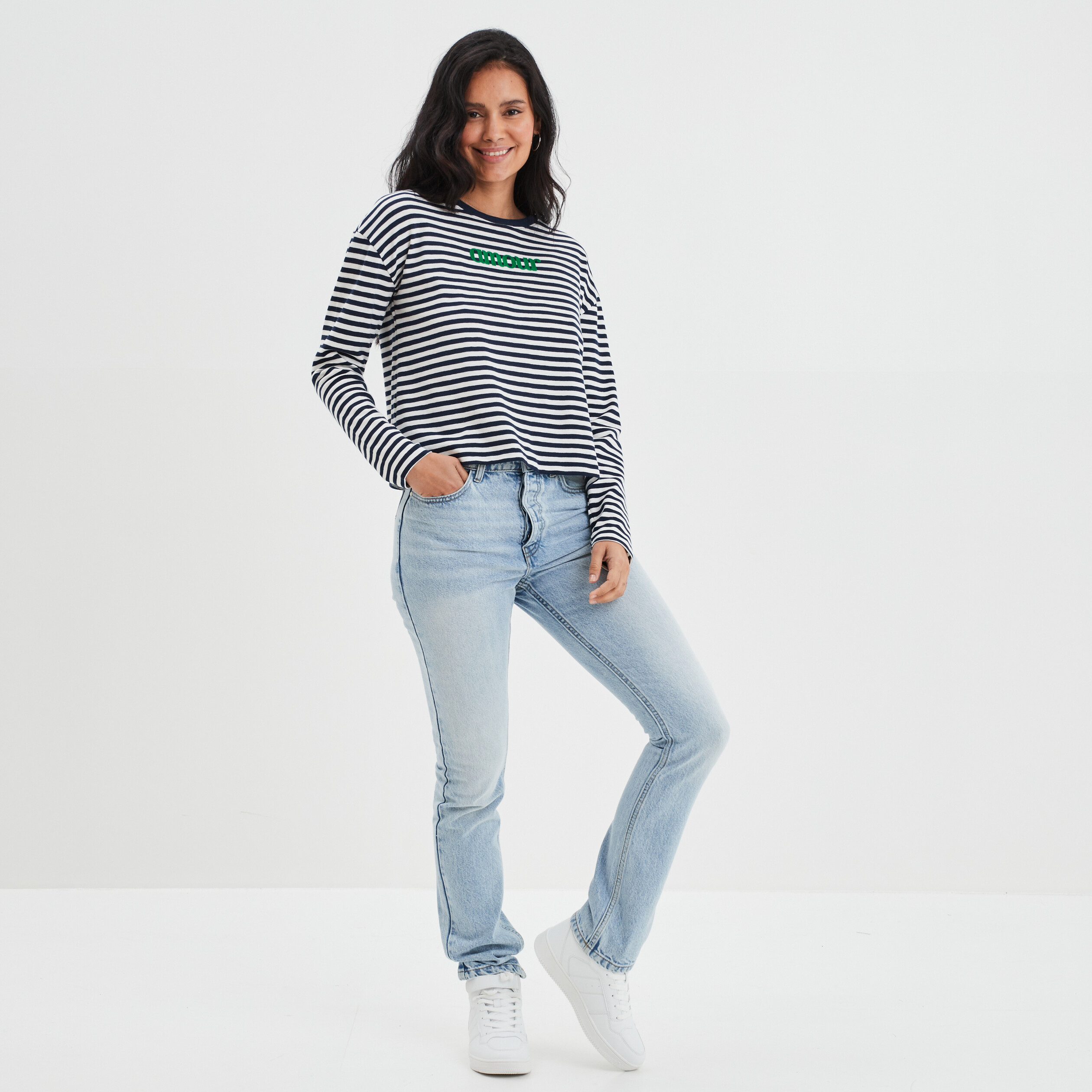 T-shirt ajusté col rond coton Creeks ivoire femme | La Halle