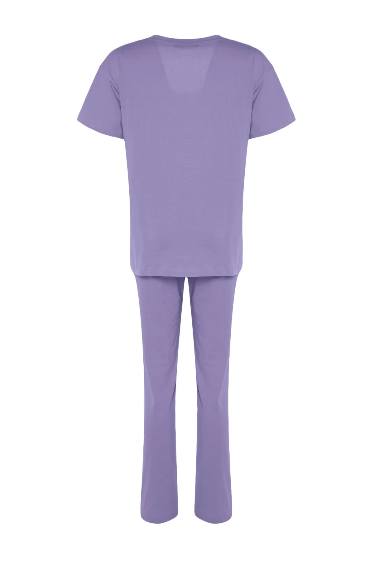 Trendyol Collection  Lilafarbenes, bedrucktes, weit geschnittenes T-Shirt-Hosen-Pyjama-Set aus 100 % Baumwolle mit Taschendetail