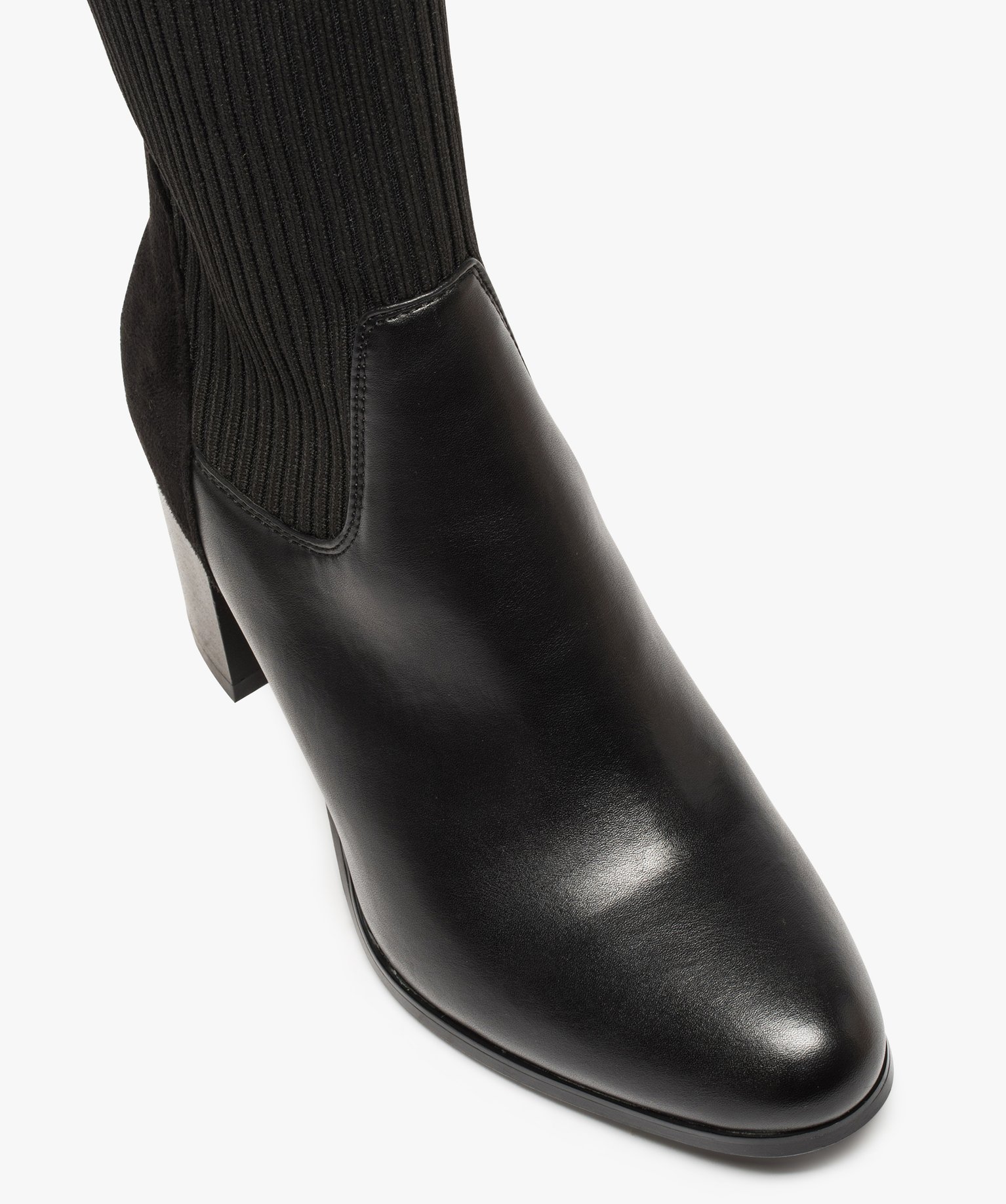 Bottes femme à talon tige chaussette en maille ctelée noir | GEMO