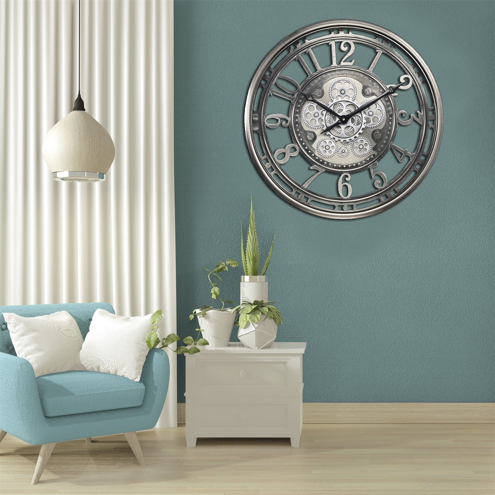 Samilito Wanduhr 53,3 cm mit echtem Bewegungsgetriebe Zahnrädern Silber