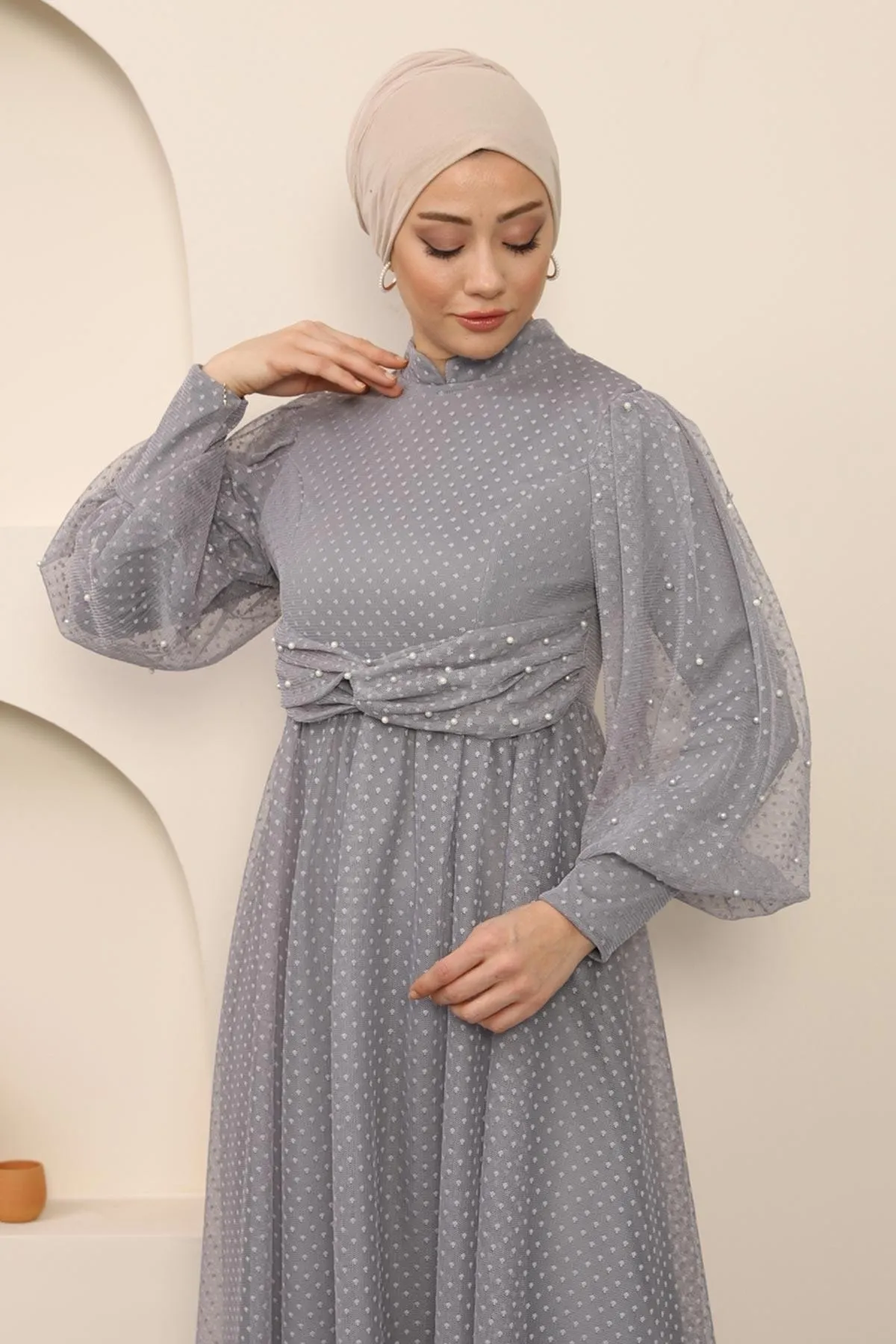 Modamihram  Abendkleid aus Tüll mit Perlendetail, Grau 12238