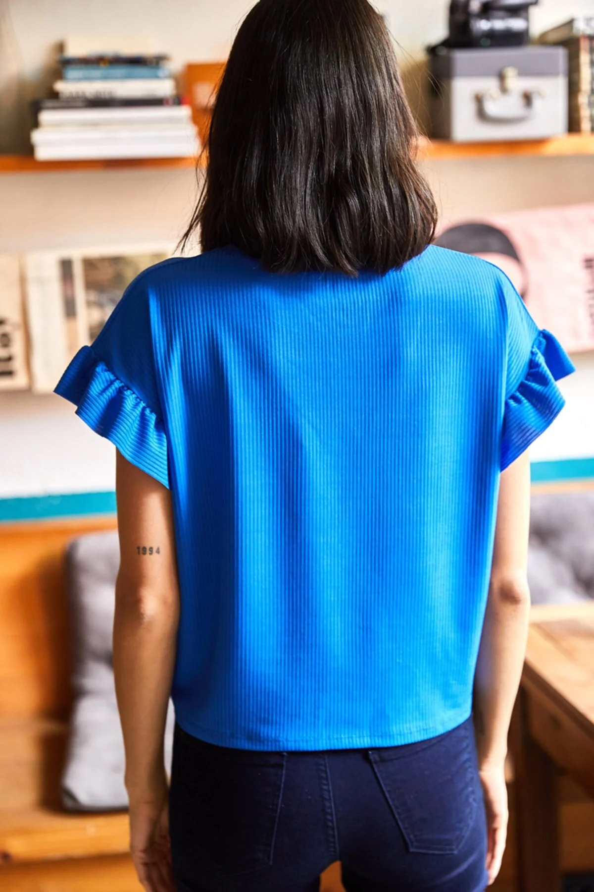 Olalook  Blaues Saks-T-Shirt mit Rüschenärmeln für Damen TSH-19000417