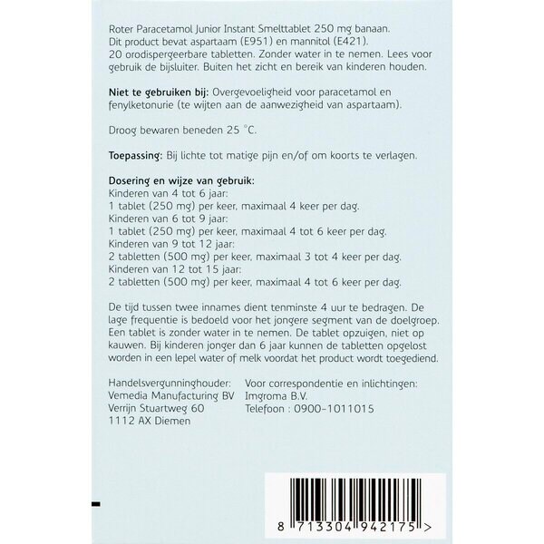 Roter Paracetamol Junior 250mg Melt Tablets Medicine - 20 pieces