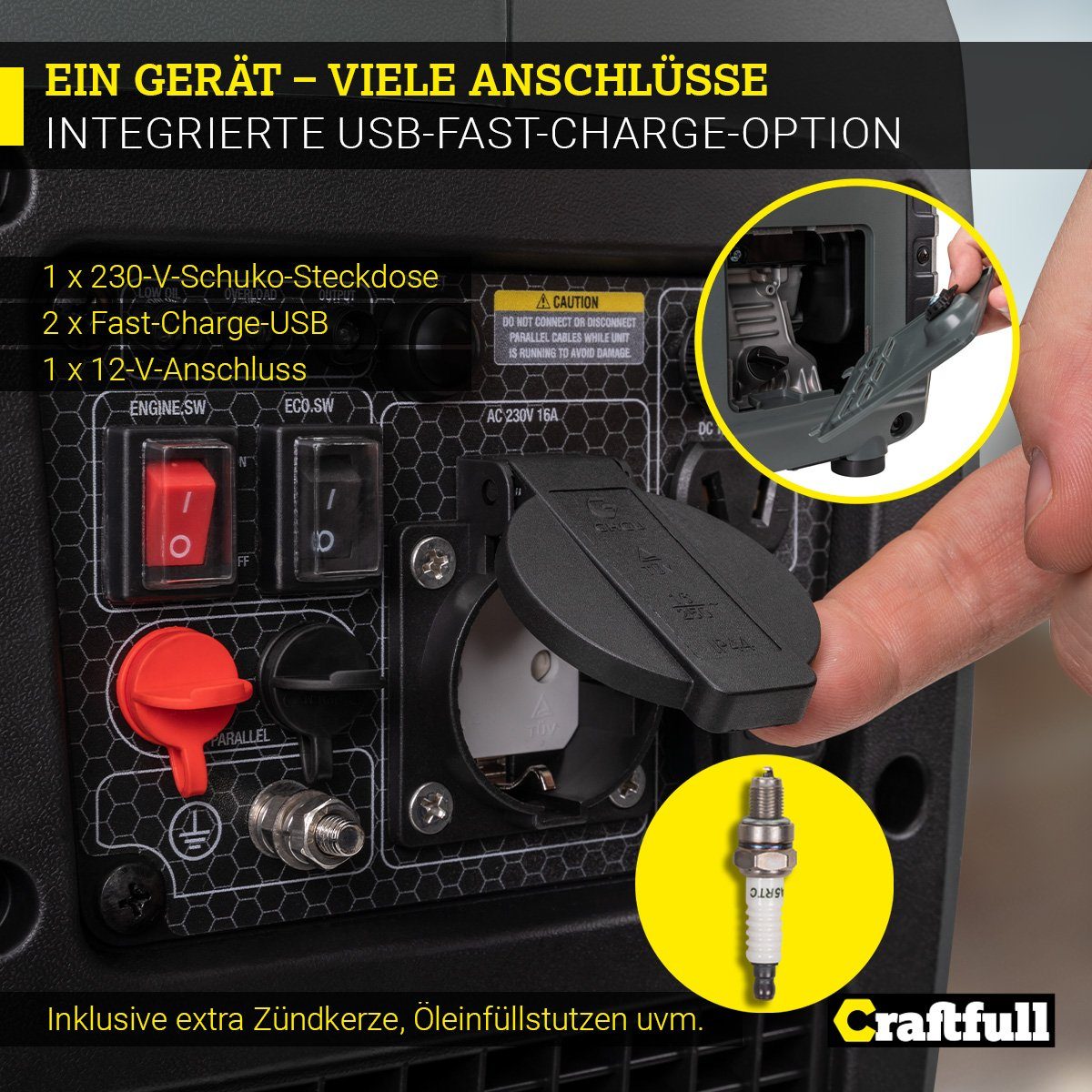 Craftfull Stromerzeuger Stromgenerator Benzin Power Inverter PI1200/ PI2000, 1,50 in kW, (Stromerzeuger 2x Fast-Charge USB-Anschluss - 12 V/8,3 A - Eco Modus - Ölmangelschutz - reine Sinuswelle für sensible Elektronik, 1-tlg., Spitzenleistung 1200 W