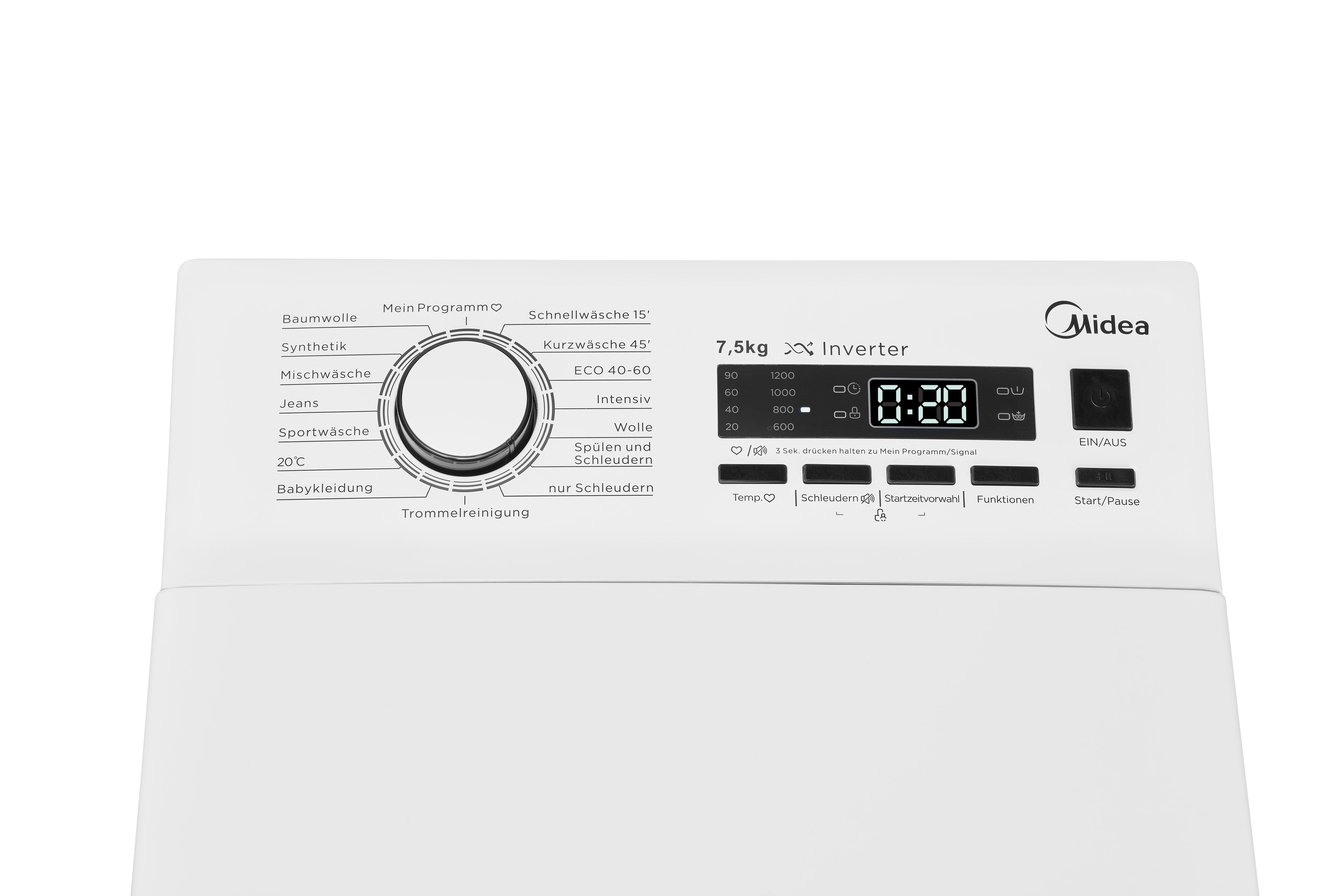 Midea Waschmaschine Toplader Serie 5 TW 5.72i diN, 7,5 kg, 1200 U/min, Soft Opener, XL Door, Trommelreinigung, AquaStop, Mein Programm