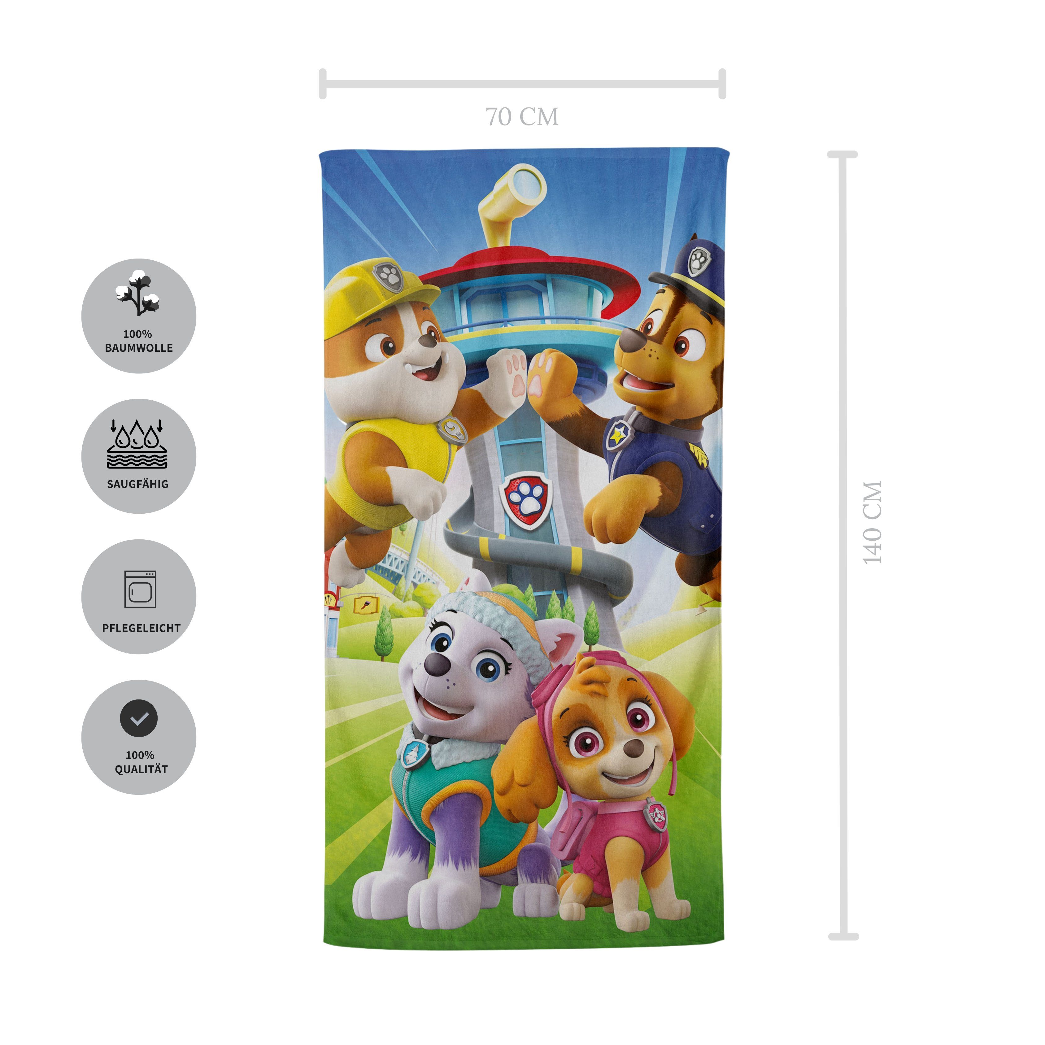 MTOnlinehandel Badetuch Paw Patrol 70x140 cm, 100 %, Baumwolle (1-St), Strandtuch mit Chase, Rubble, Everest & Skye für Kinder