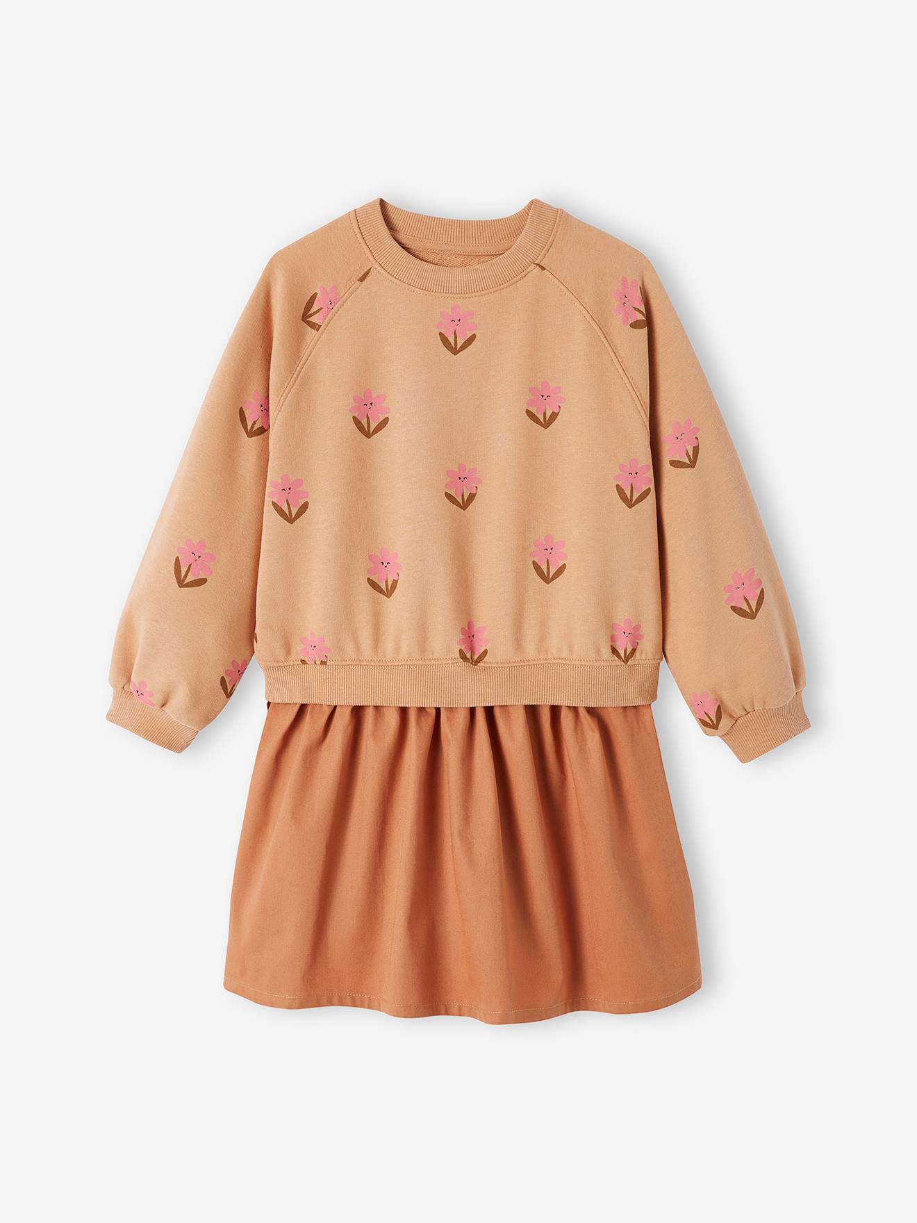 Robe effet 2 en 1 fleurs pop fille bi-matière pêche