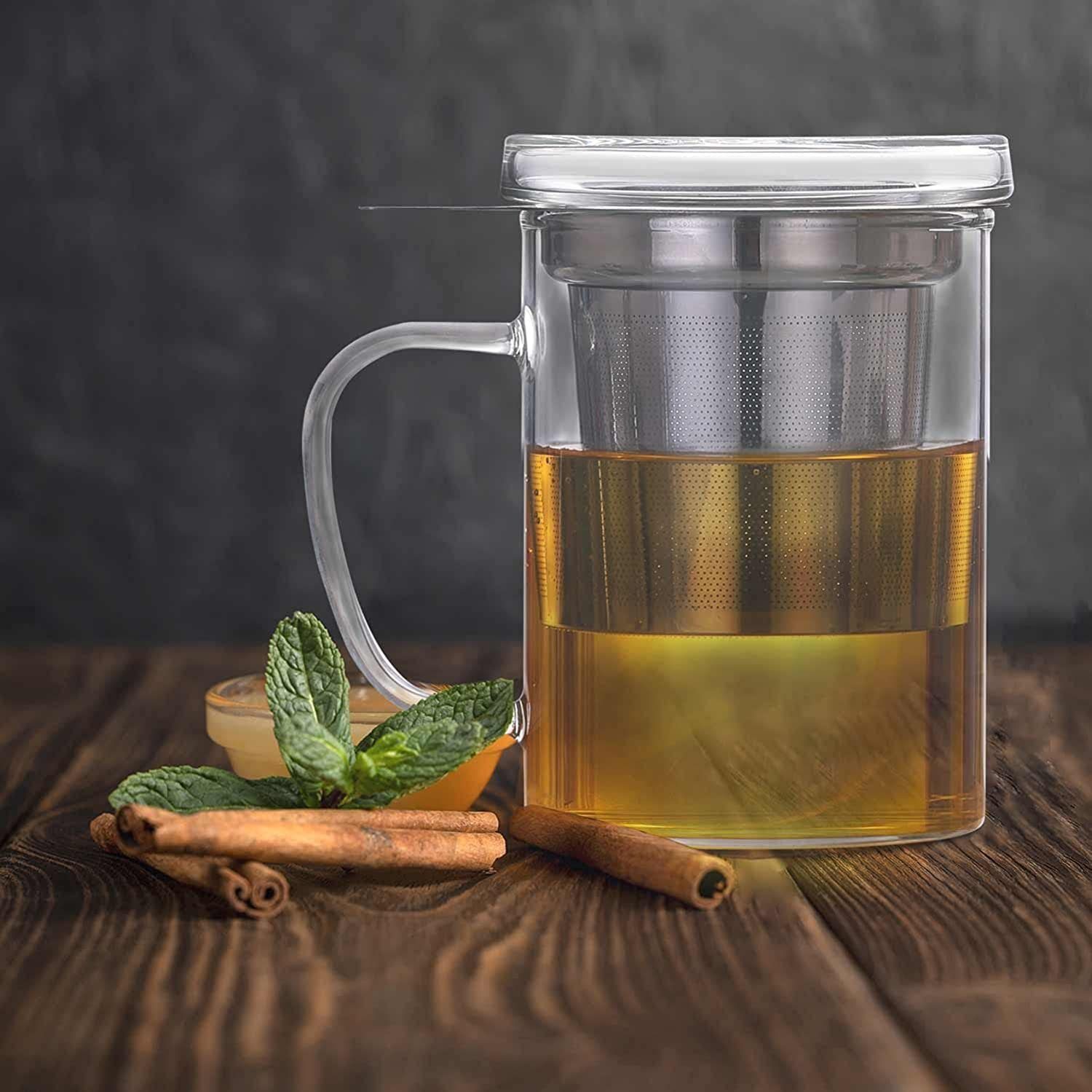 Dimono Teeglas Teebereiter mit Sieb 450 ml, Tee-Filter Tasse mit Deckel