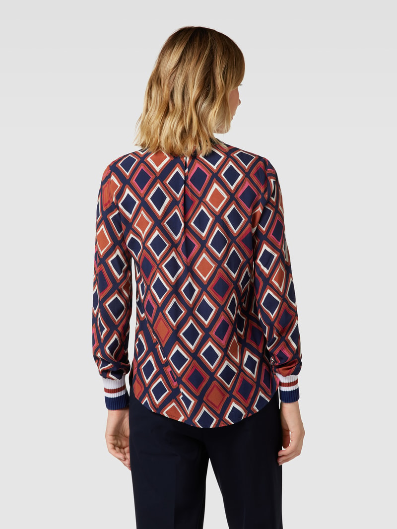 Blusenshirt mit Allover-Muster und gerippten Ärmelabschlüssen in marineblau