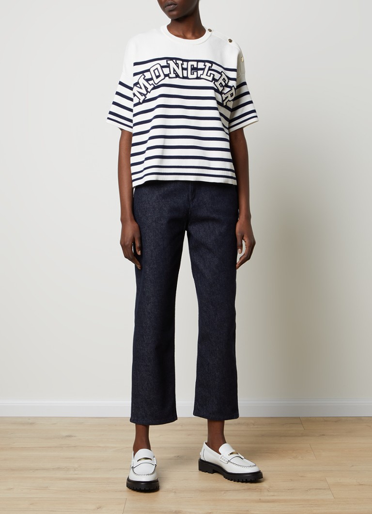 Jean Moncler taille haute, coupe droite et court, délavage foncé