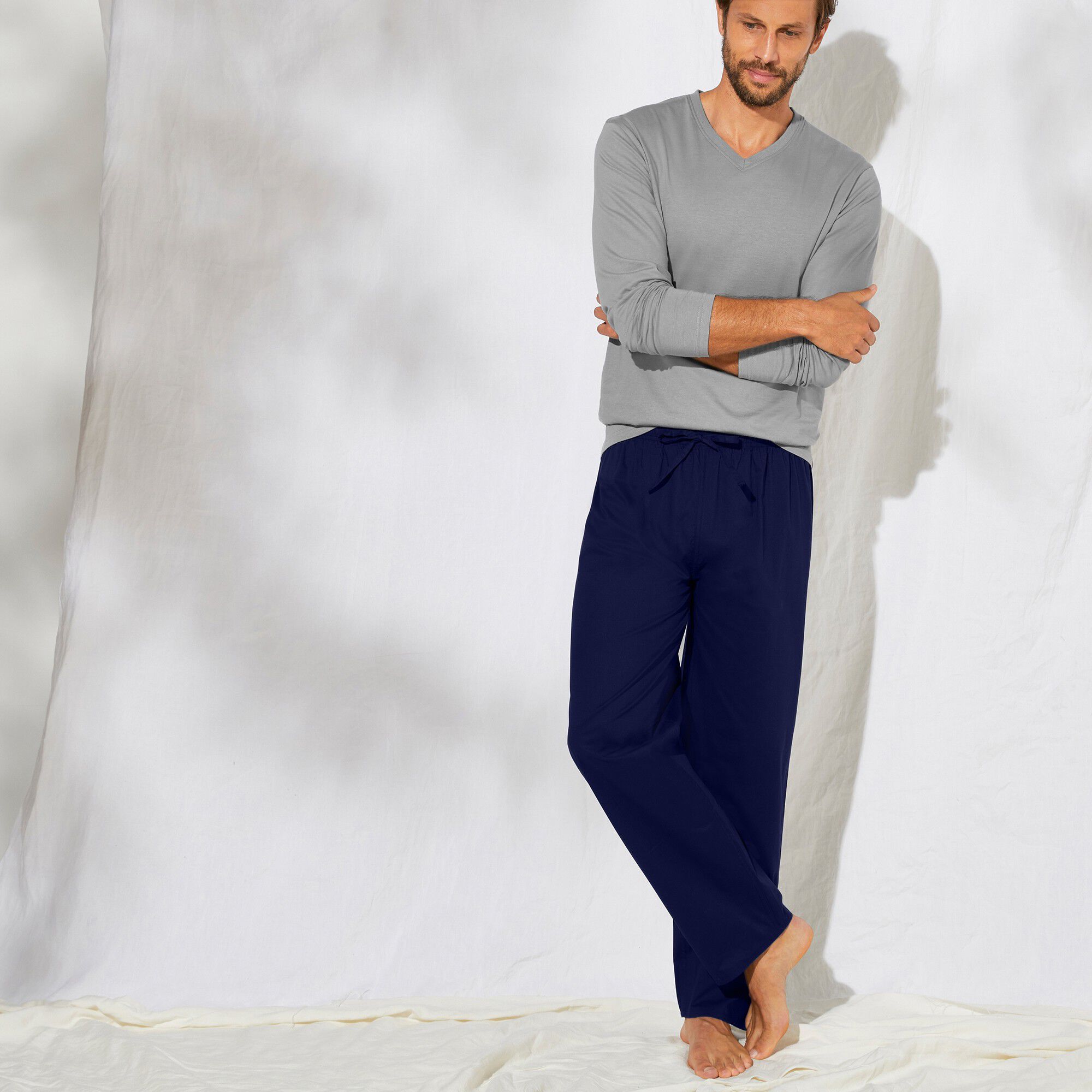 Pantalon pyjama uni + carreaux bas droits
