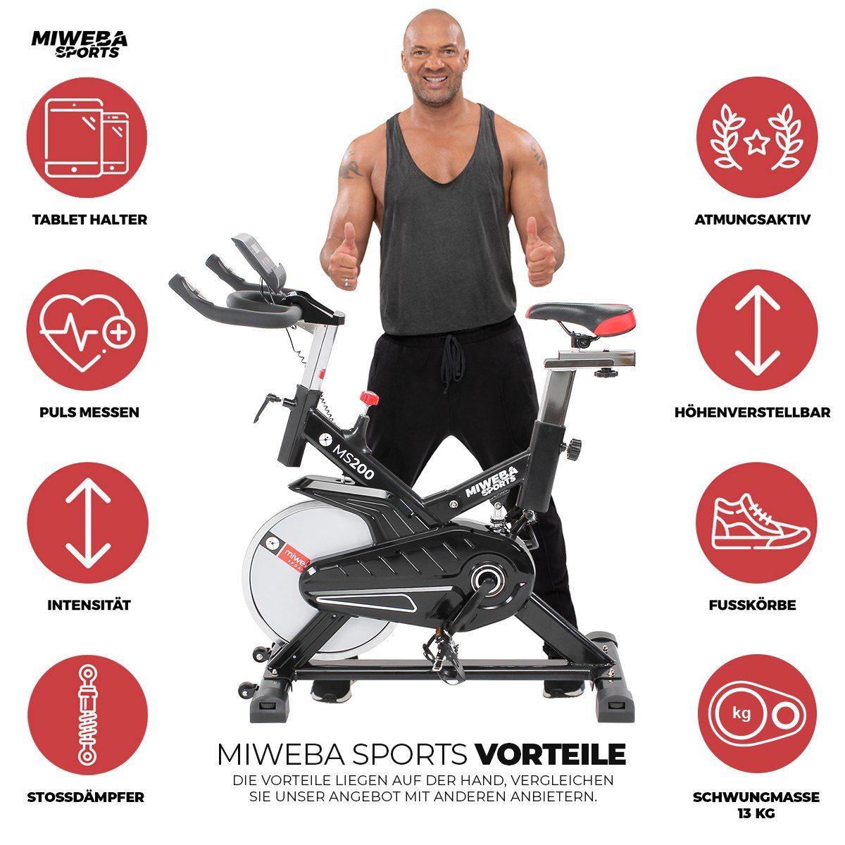 Miweba Sports Speedbike Profi Indoor Cycle Bike MS200 - 13 Kg Schwungmasse (Sportgeräte für zu hause, Heimtrainer Fahrrad, Trimmrad, Fahrradtrainer, Cardio, Sport, Training, Ganzkörpertraining, 1-tlg., Pulsmesser, LCD Display, Handy & Tablethalterung