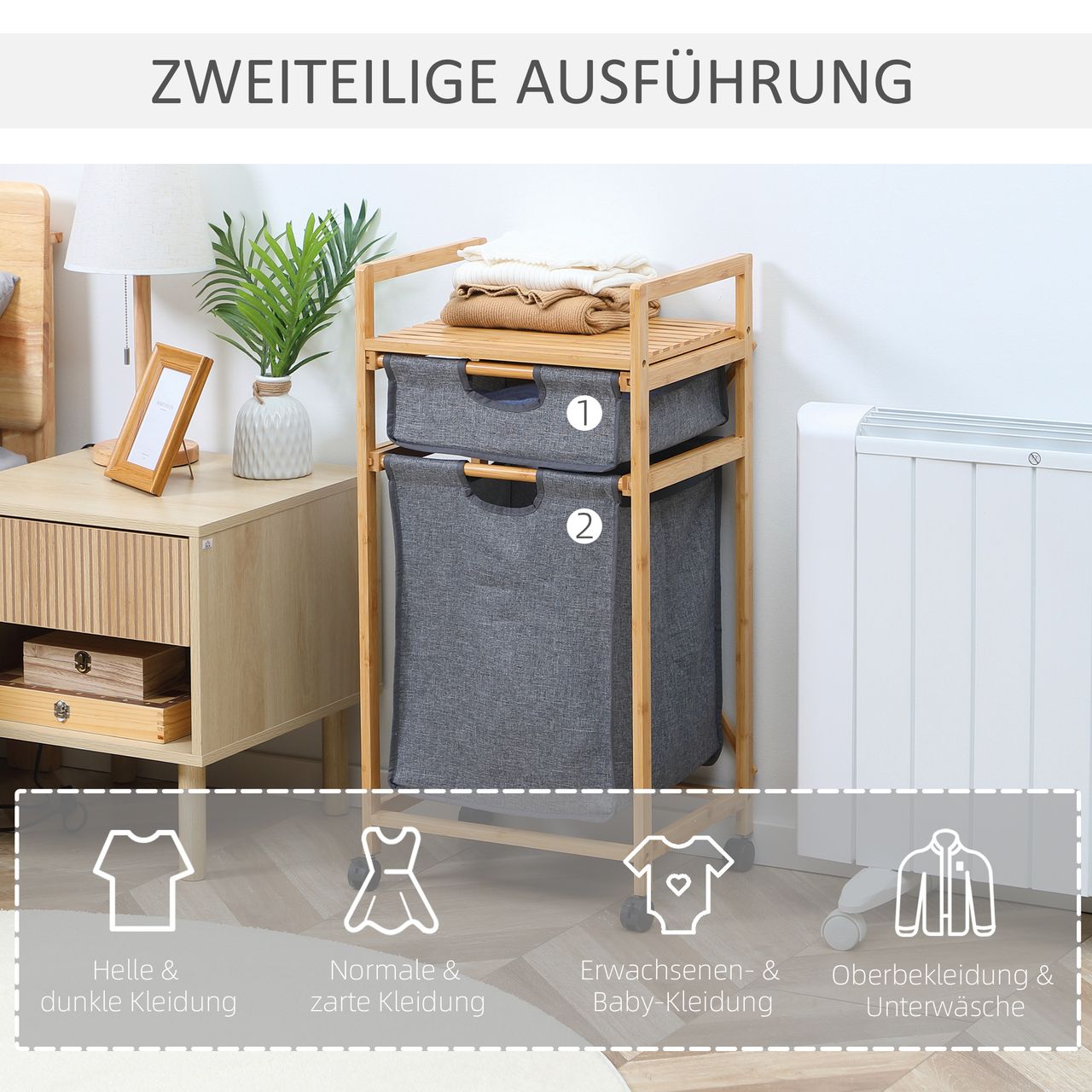 HOMCOM Wäschekorb Wäschebox mit 2 Stoffbeutel Wäschesack Wäschesammler mit Rollen Aufbewahrungskorb Bambus Naturholz Grau 42 x 35 x 84,5 cm