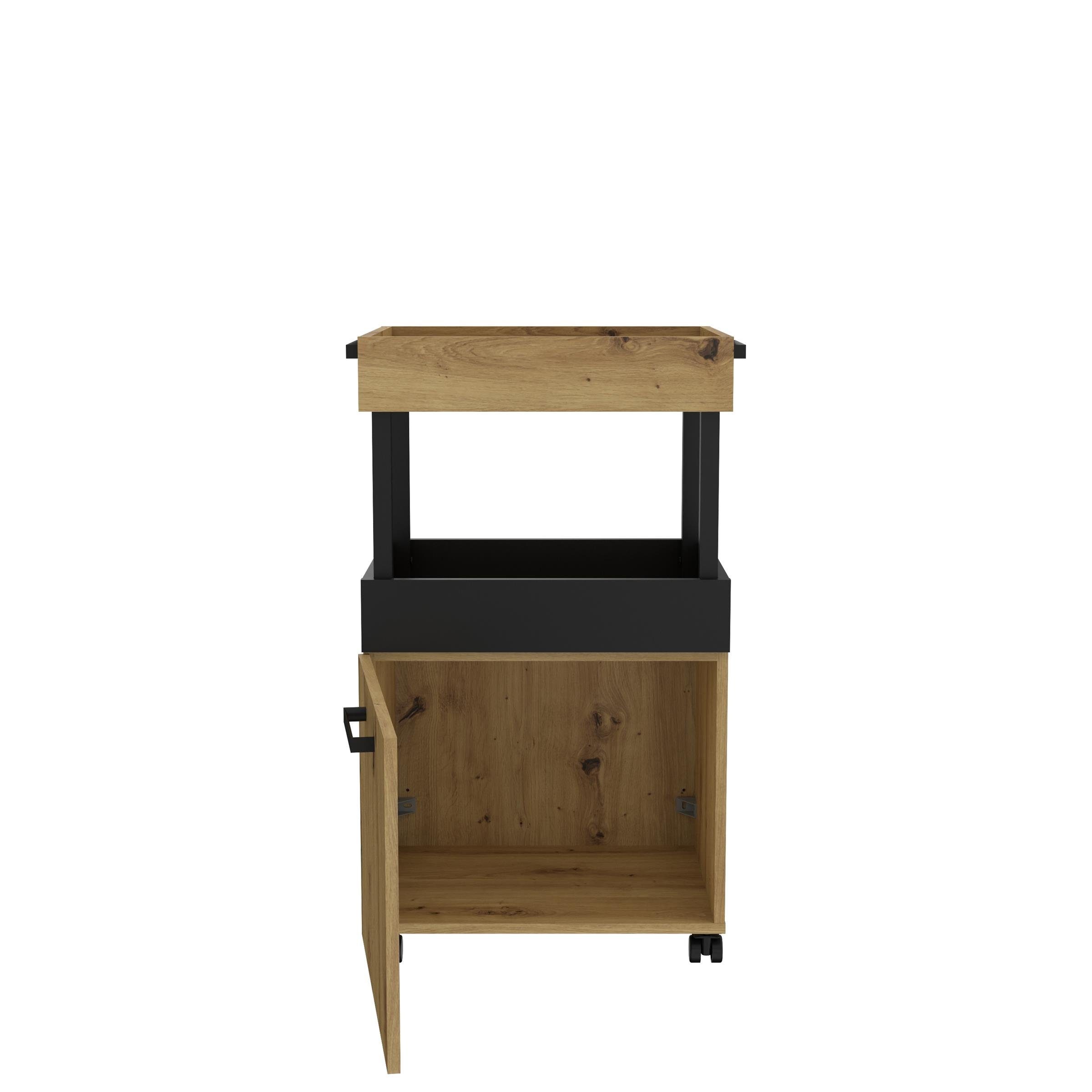 möbelando Barschrank Hydra Barschrank im modernen Industrial-Design aus Spanplatte in Artisan Eiche Nachbildung / Schwarz matt mit 1 Holztür, 2 Ablageböden und 4 Rollen. Breite 50,2 cm, Höhe 88,2 cm, Tiefe 41,1 cm