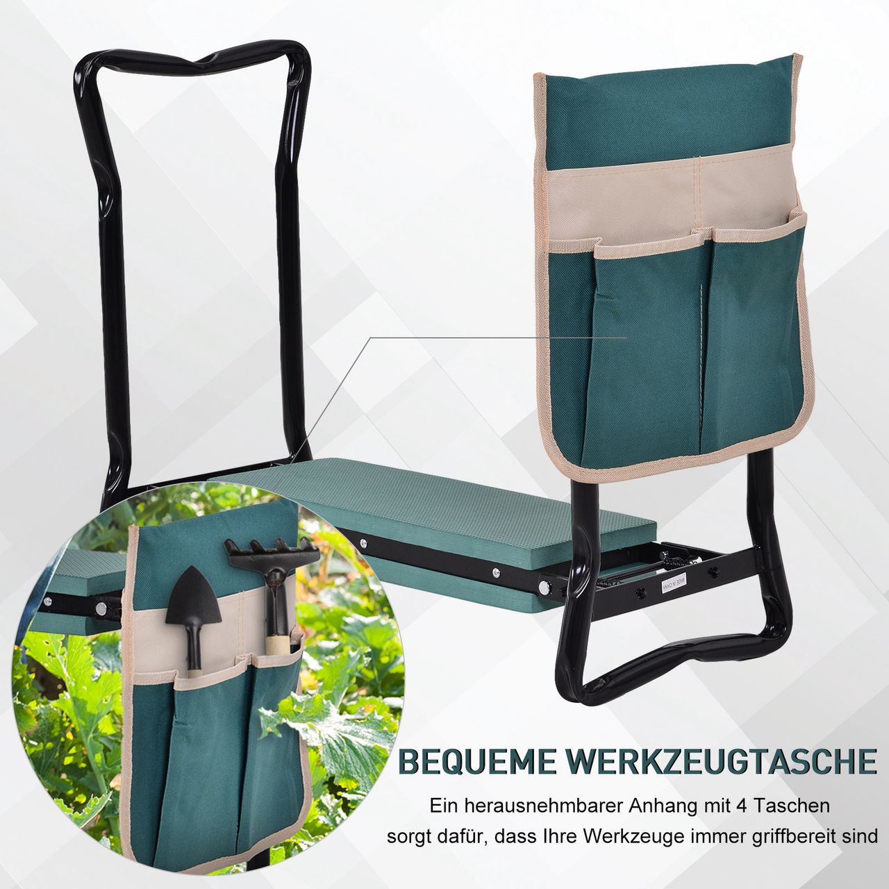 Outsunny Kniebank Klappbarer Gartenhocker 2-in-1 Kniehilfe mit Werkzeugtasche EVA-Schaumstoff 58 x 28 x 49 cm