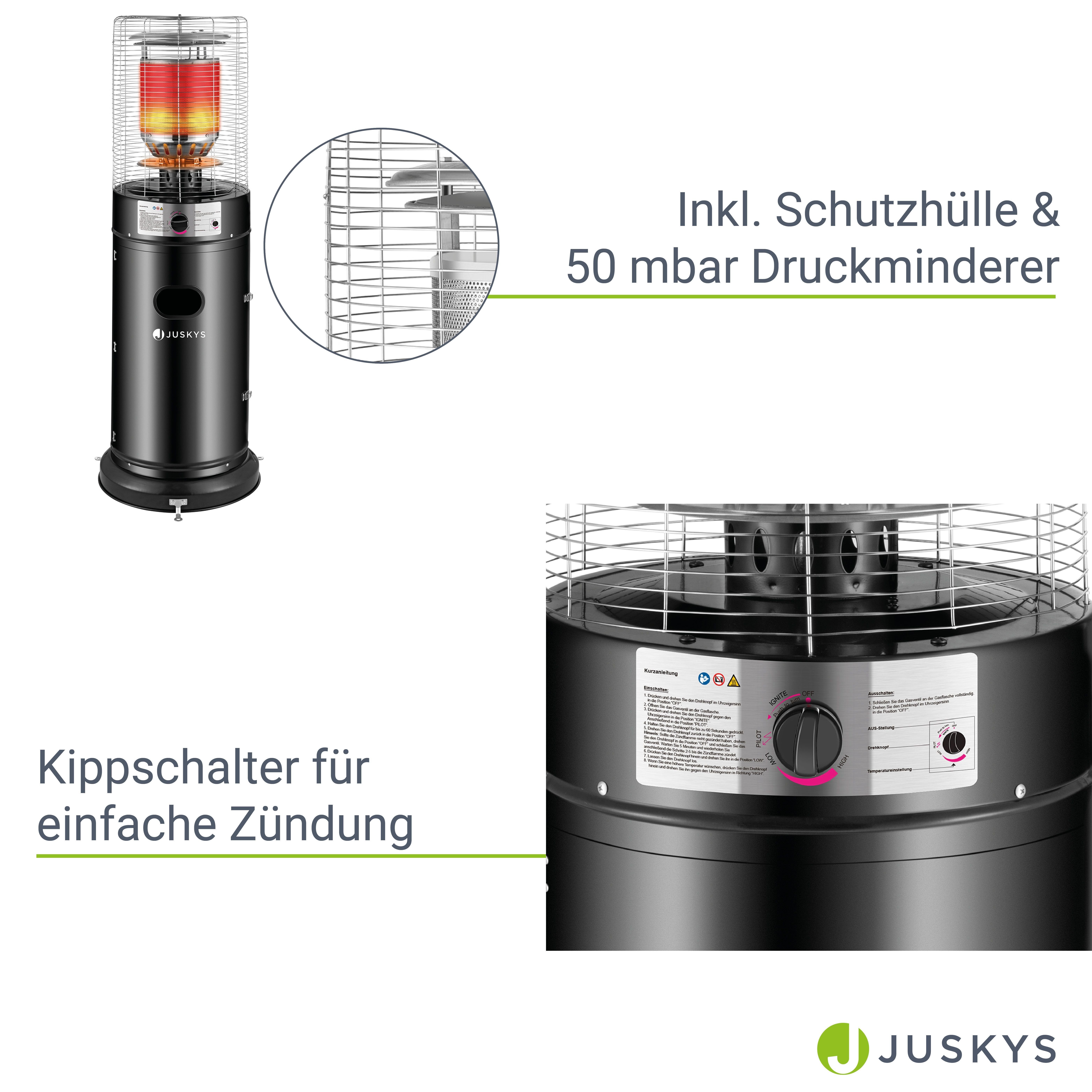 Juskys Heizstrahler Cuna, 11000 W, integrierter Kippschutz, Inkl. Druckminderer, robuste Schutzhülle