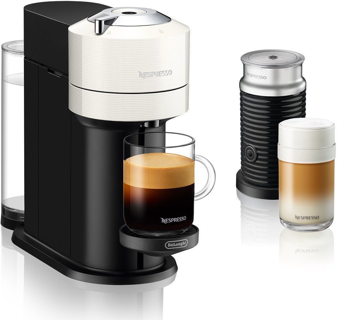 Nespresso Kapselmaschine Vertuo Next Bundle ENV 120.WAE, von DeLonghi, White, inkl. Aeroccino Milchaufschäumer im Wert von 75,- UVP