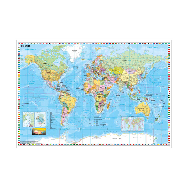 Weltkarte deutschsprachig. Wandkarte mit Flaggenrand - Poster