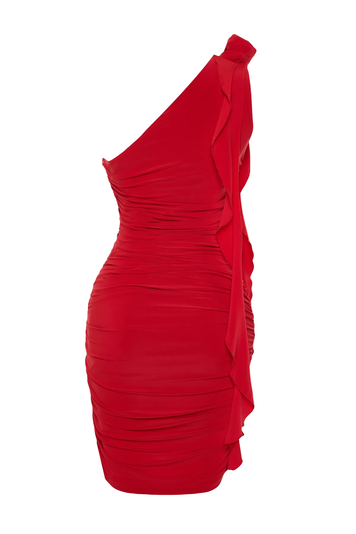 Trendyol Collection  Rotes, drapiertes, elegantes Abendkleid mit Rosen und Rüschen