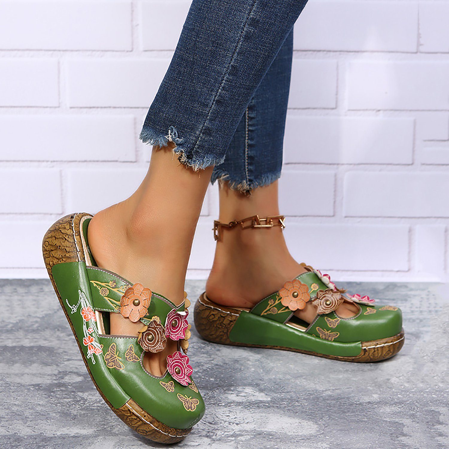 Daisred Schlappen Damen Sandalen Vintage Blume Pantoletten Hausschuhe Clog