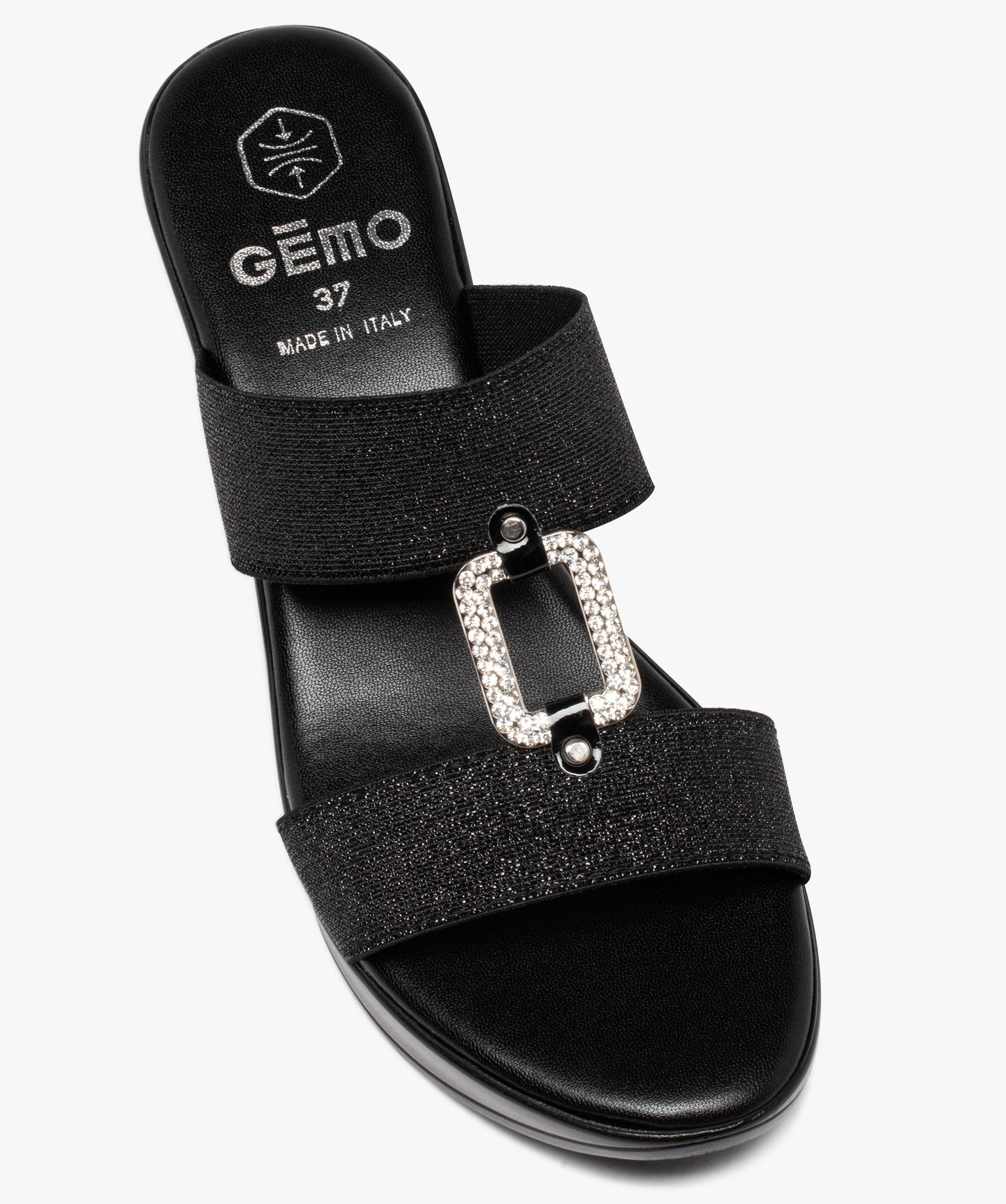 Mules femme compensées à brides élastiques et strass noir | GEMO