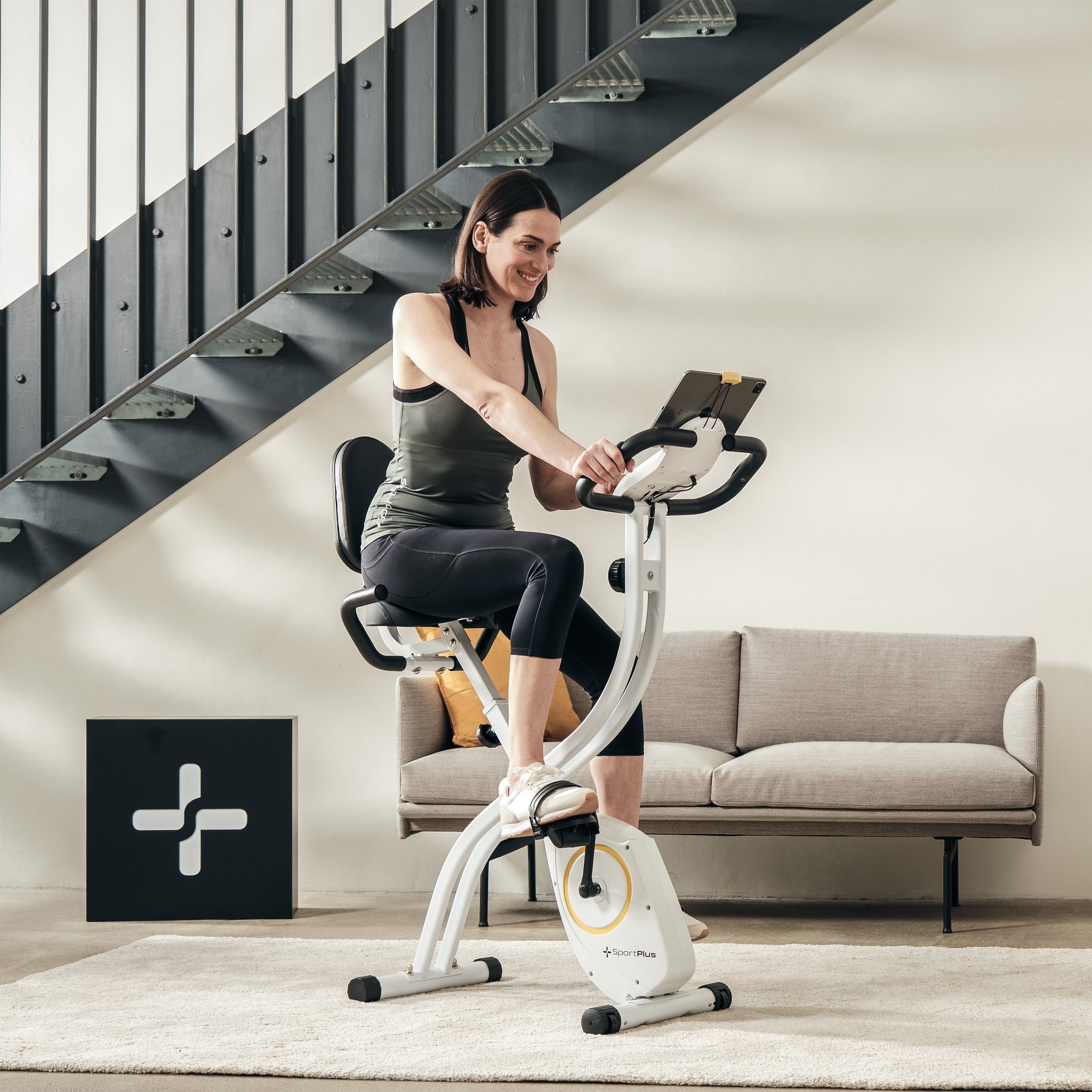 SportPlus Heimtrainer SP-HT-1300-W-iE, Heimtrainer, X-Bike, klappbar für Zuhause, Rückenlehne, 8 Stufen