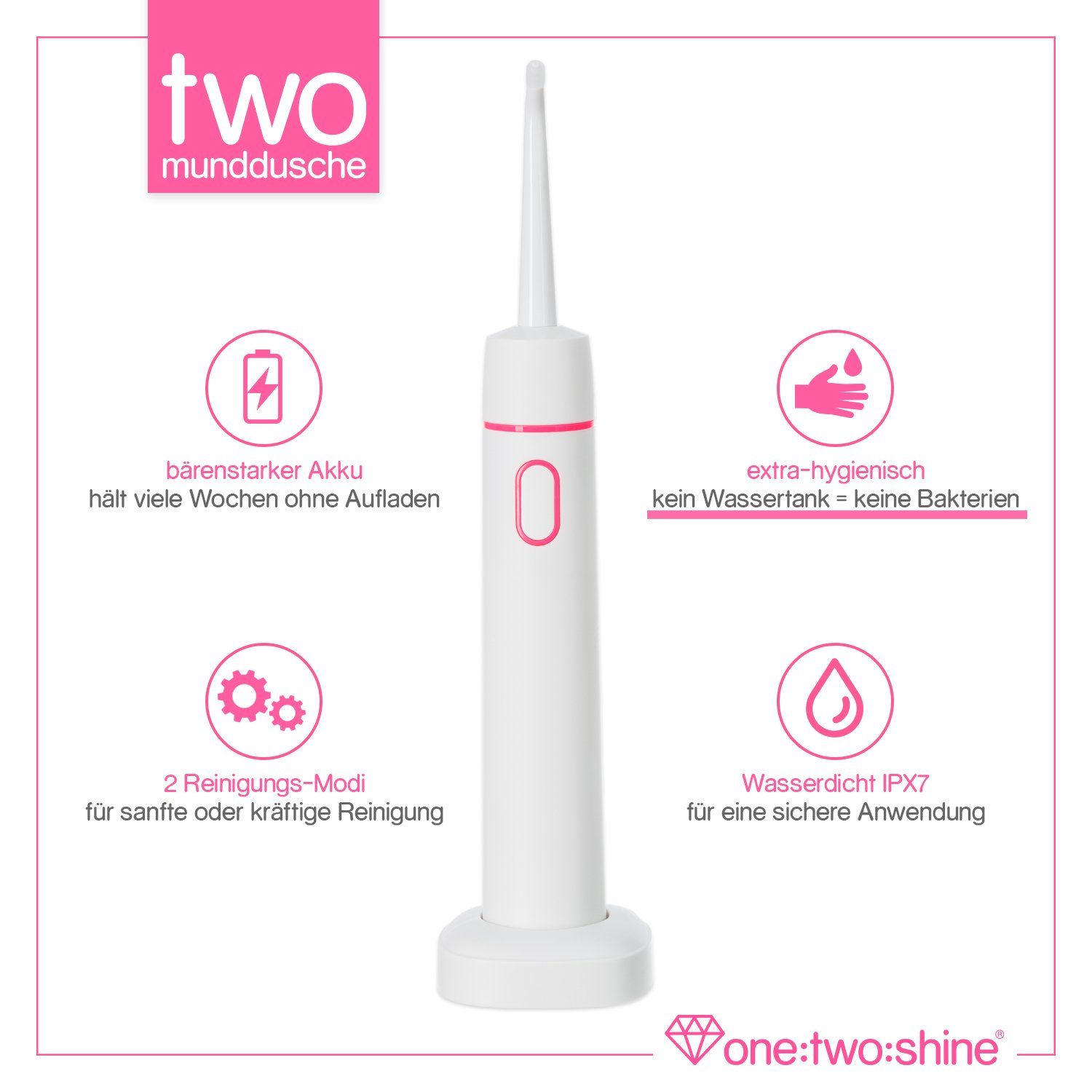 one:two:shine Reise-Munddusche TWO, klein, leicht, kabellos & elektrisch für Urlaub & Reise, mit, Aufsätze: 3 St., zur effektiven Zahnzwischenraumreinigung