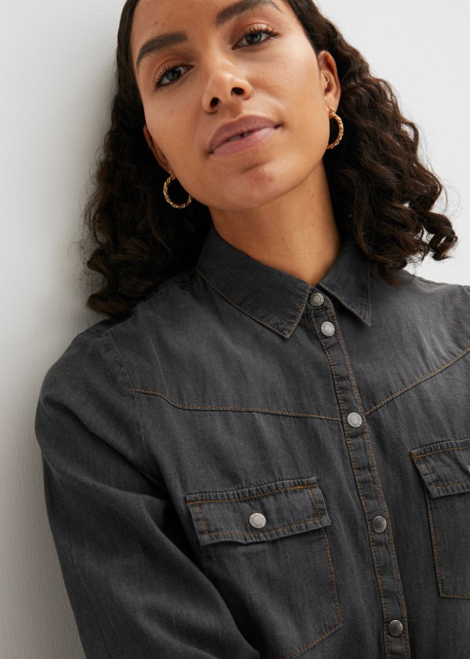 Jeansbluse mit Druckknöpfen, Langarm