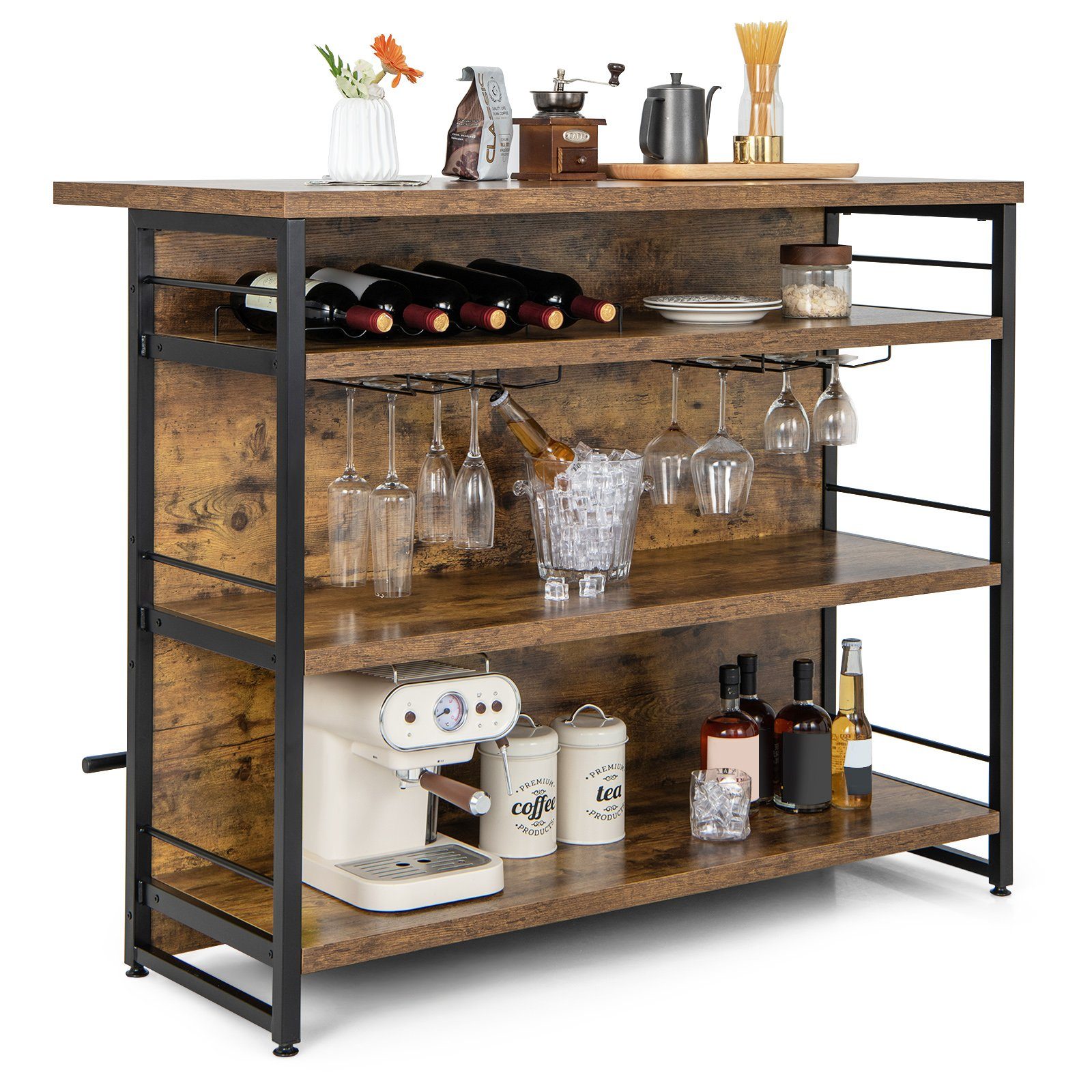 COSTWAY Bartisch, Küchenregal mit Weinregal & Gläserhalter, 120x60x101cm
