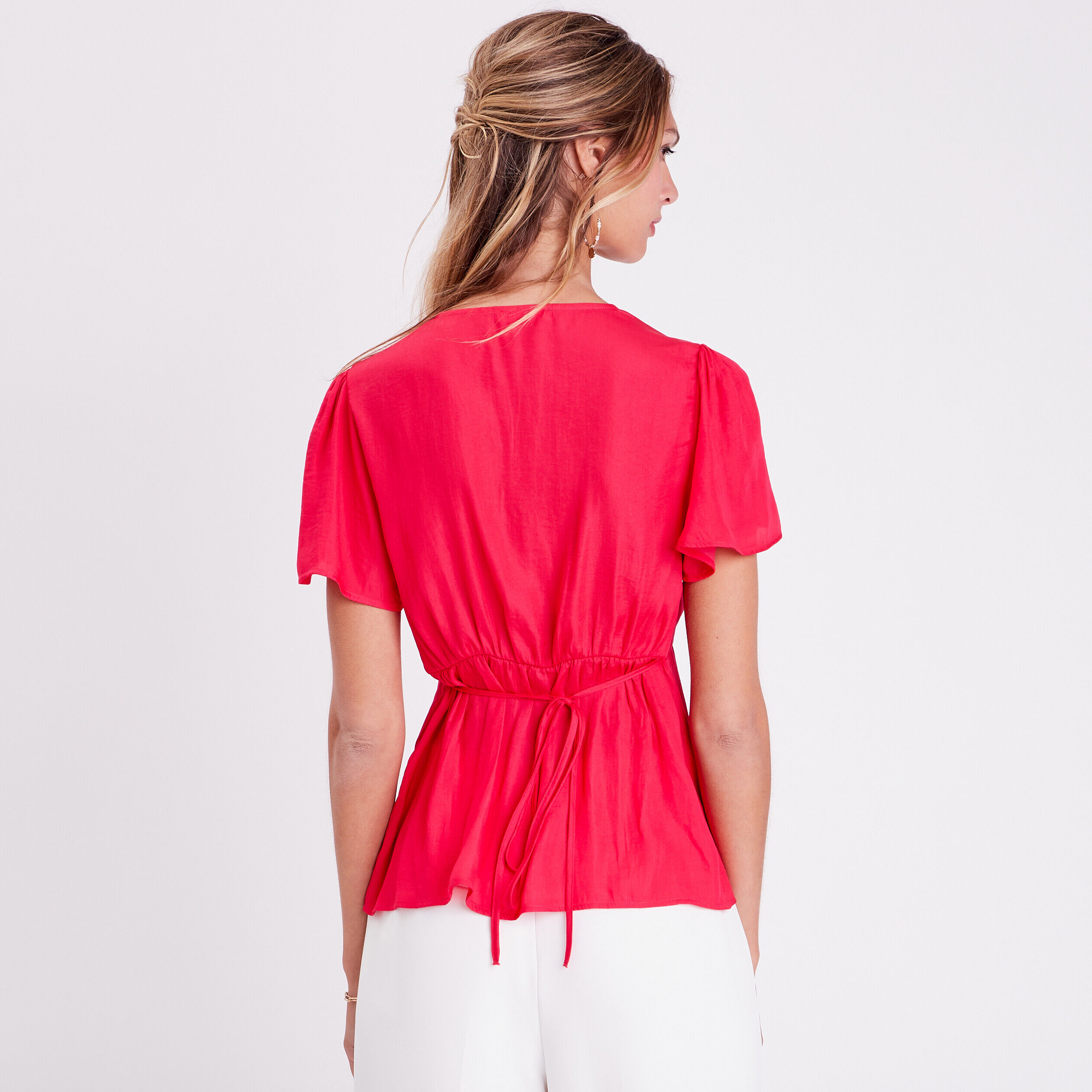 Blouse manches courtes satin rose vif femme | Cache Cache