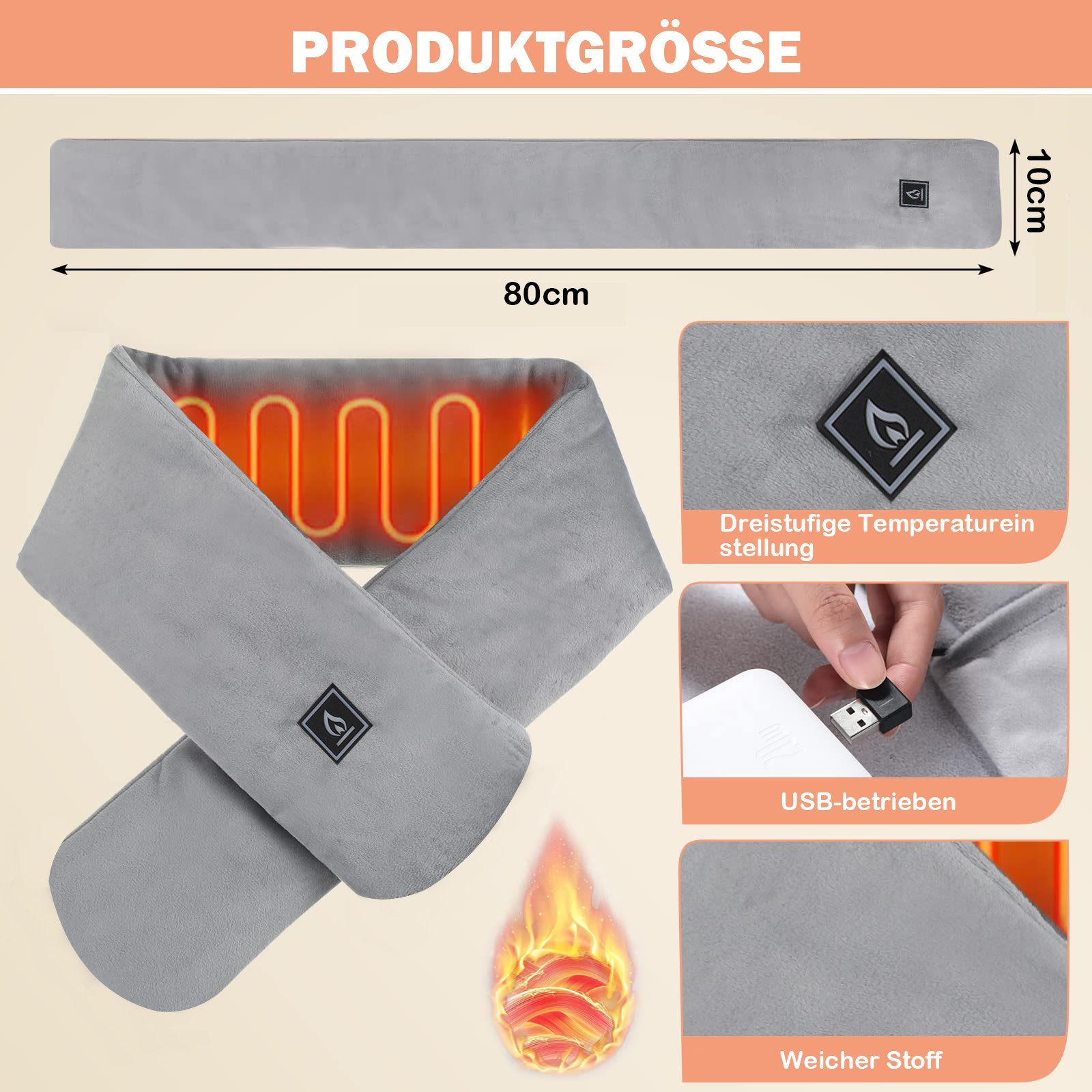 Sunicol Beheizter Schlauchschal Beheizter Schal, USB Aufladung Elektrischer Nackenwärmer, Massagegerät, Intelligente Heizung Nackenschutz Heizschal, Wärmekissen, 3 Temperatur