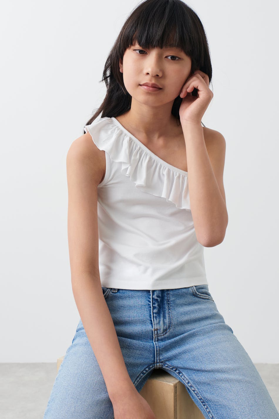 Y one shoulder flounce top