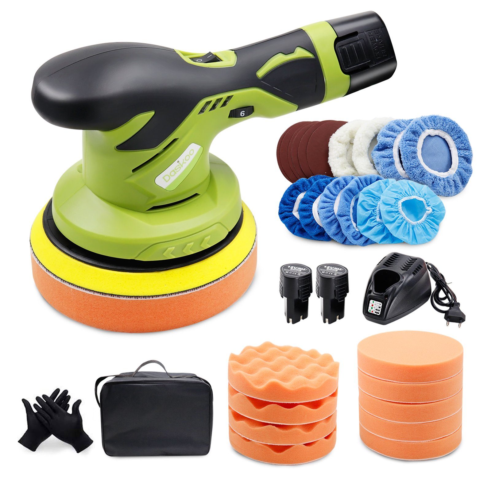 Daskoo Exzenter Poliermaschine Auto Polierer Poliergerät Ø150mm,12V, 6 Geschwindigkeiten Politur set