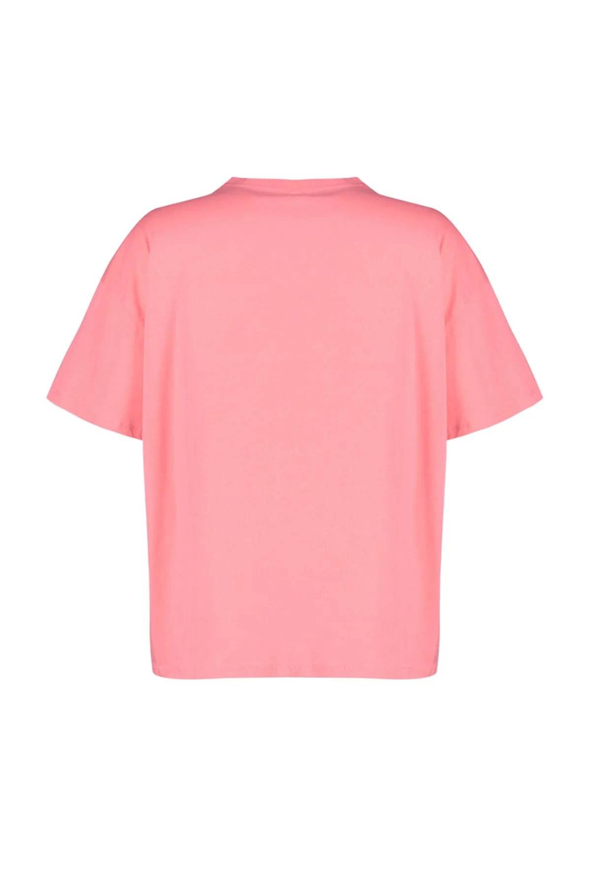 Trendyol Curve  Rosafarbenes, weit geschnittenes, bedrucktes Strick-T-Shirt mit Rundhalsausschnitt TBBSS23BF00015