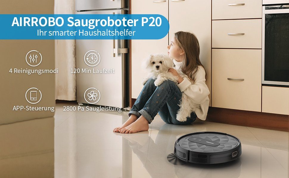 AIRROBO Saugroboter P20 2800Pa, 120Minuten Laufzeit,App,leise,für Tierhaare, harte Böden, beutellos, Teppiche mit niedrigem Flor, selbstaufladender