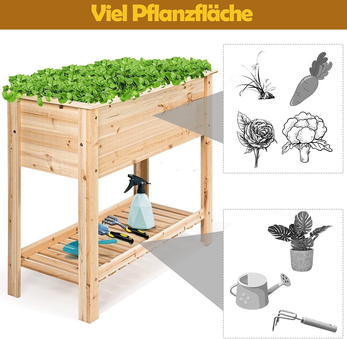 KOMFOTTEU Hochbeet Blumenkasten, 120cm × 55cm × 90cm, aus Tannenholz