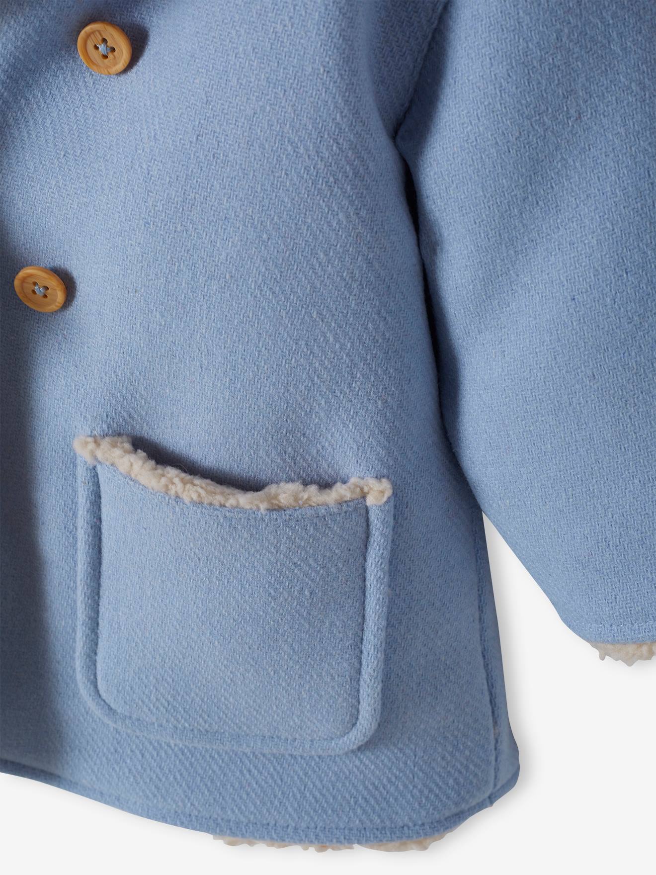 Manteau en drap de laine bébé doublé de fausse fourrure bleu ciel