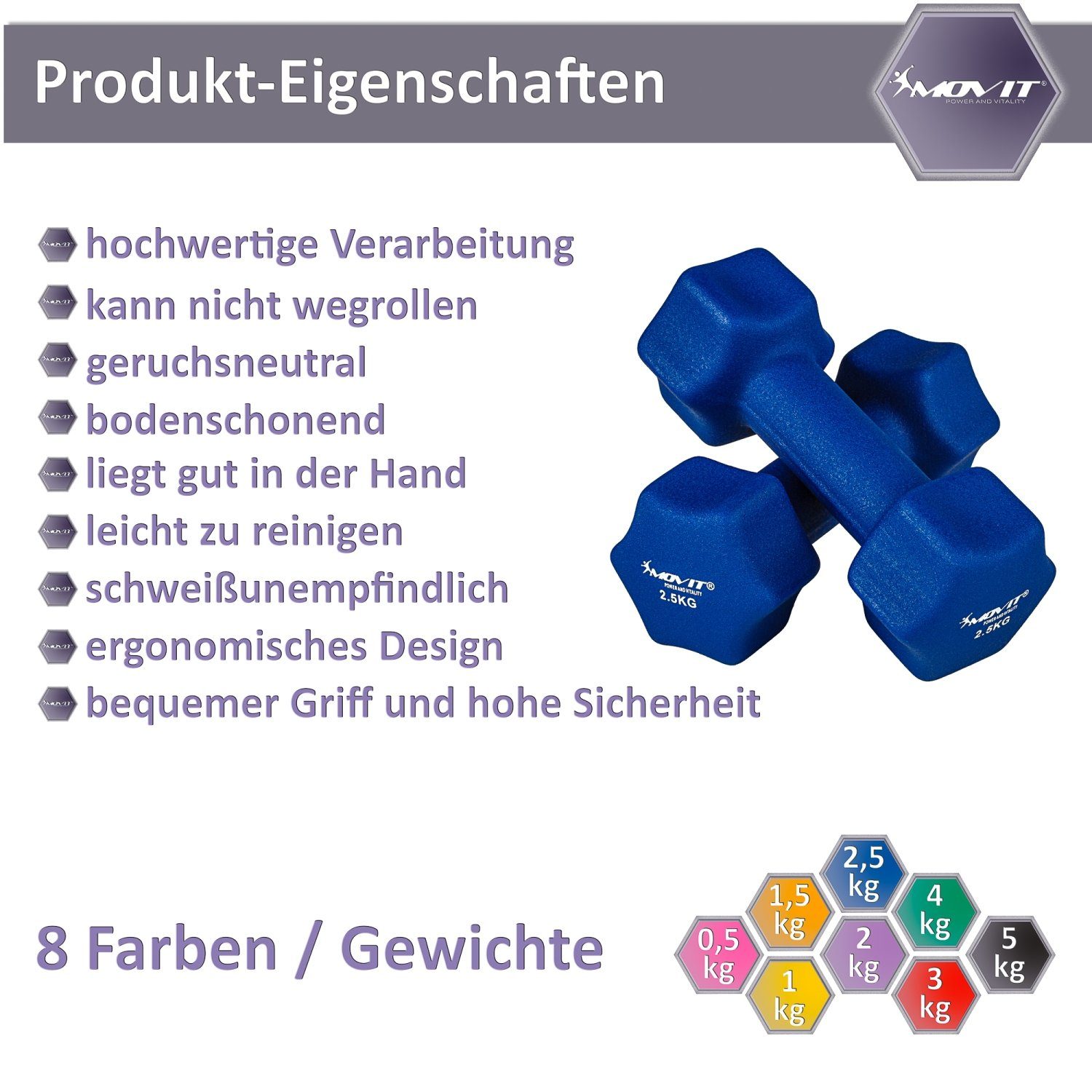 MOVIT Hantel-Set 2er Set Neopren Hanteln, Kurzhanteln, (Set, 2er-Set), Hantel in 8 Gewichts- und Farbvarianten 2x 0,5kg bis 2x 5kg